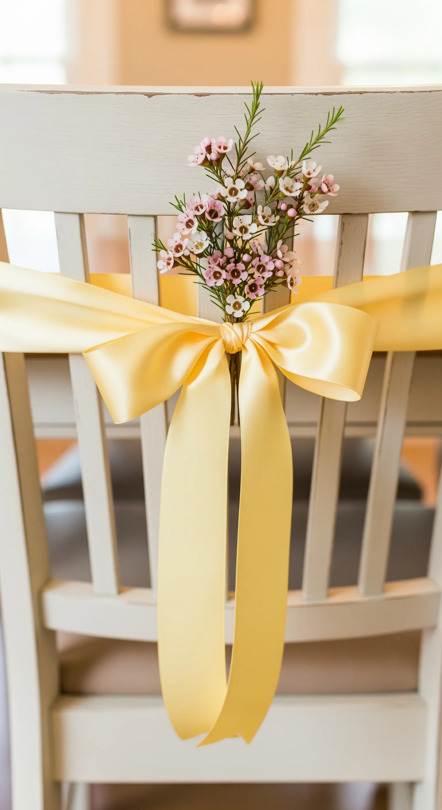 Stuhl mit gelber Satinschleife und kleinem Blütenbouquet