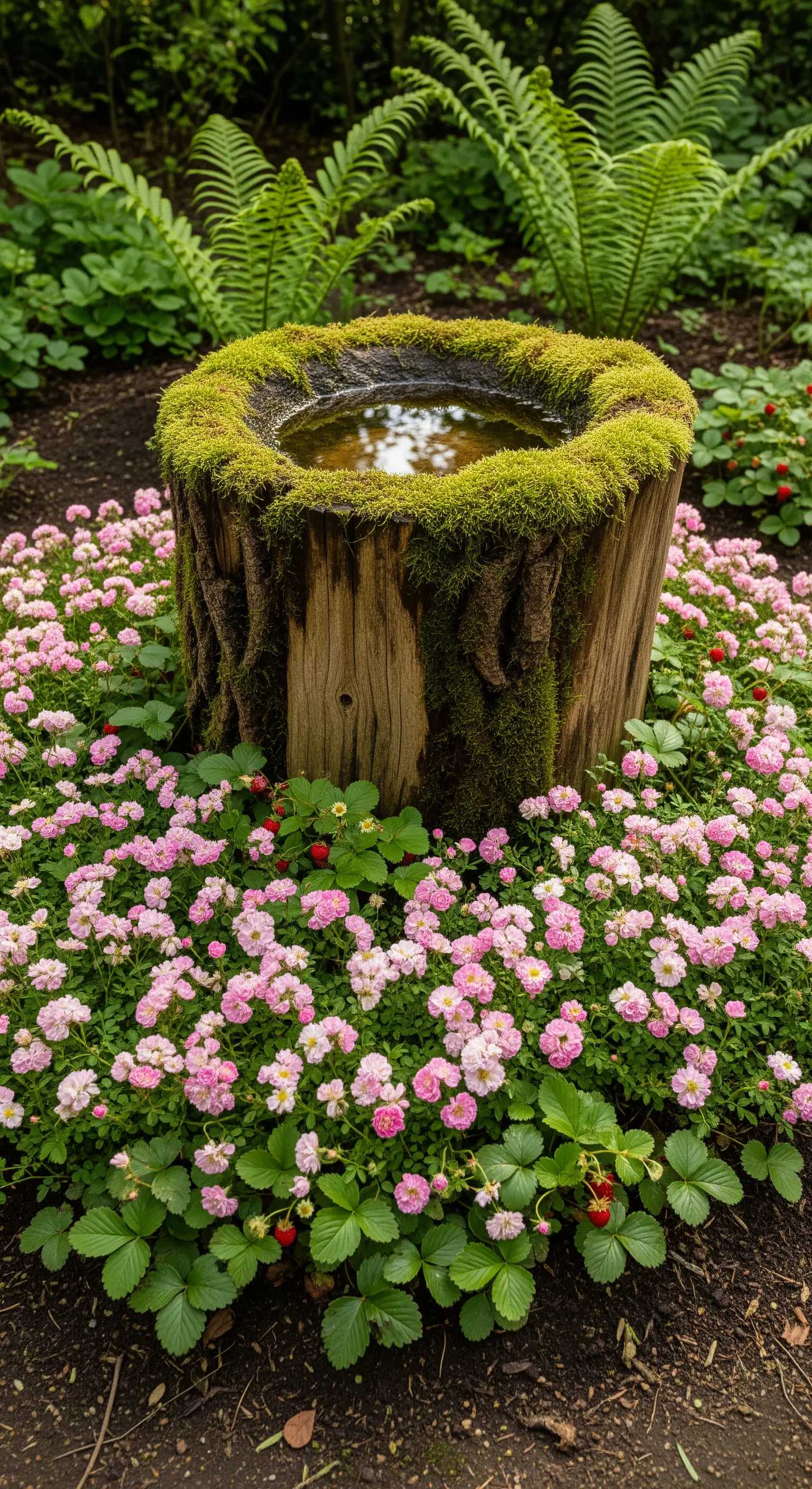 Moosbewachsener Baumstumpf als Vogeltränke, umgeben von rosa Rosen und Erdbeerpflanzen
