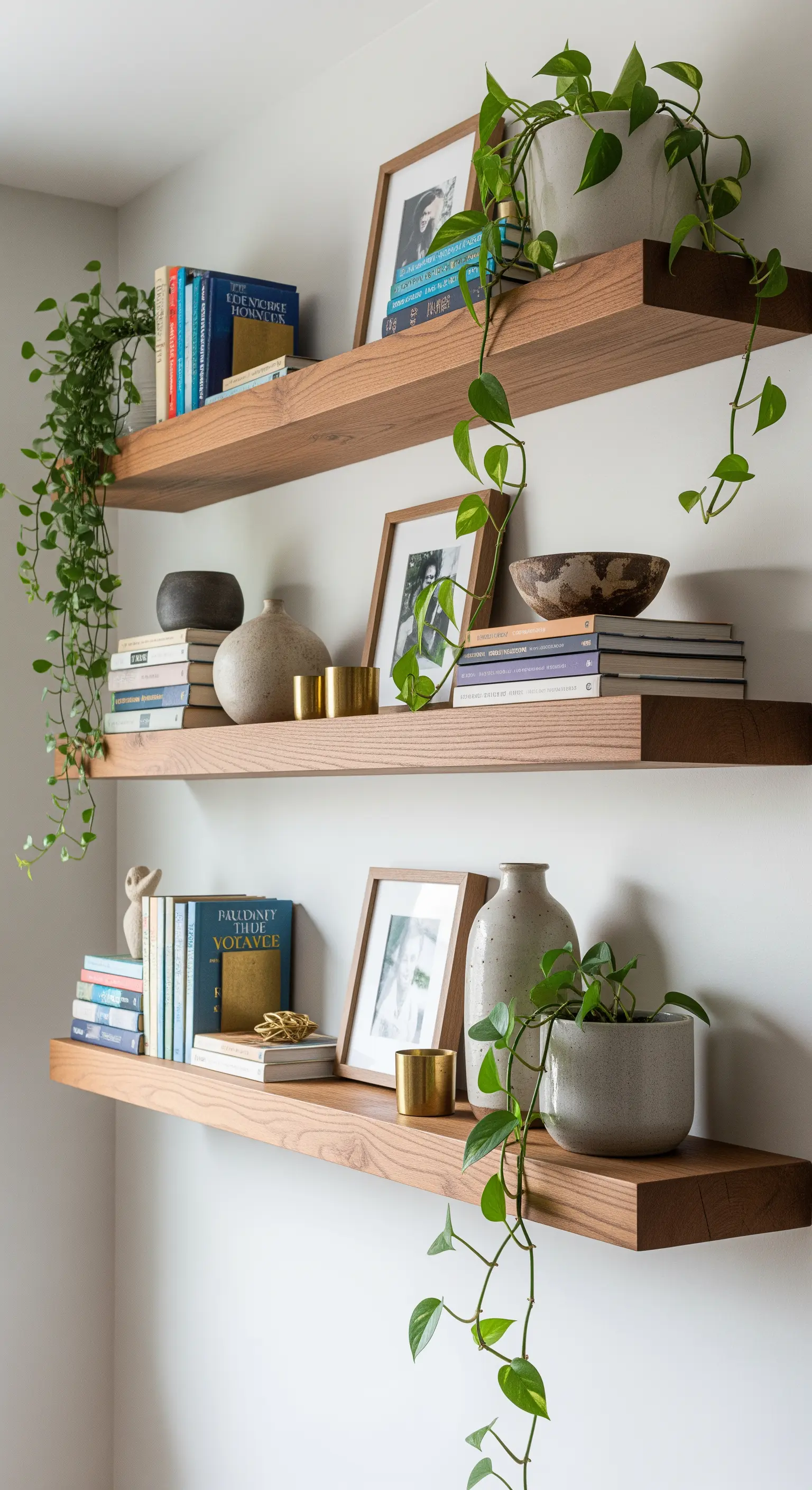 Stilvoll dekorierte schwebende Holzregale mit Büchern, Vasen und herabhängenden Pflanzen
