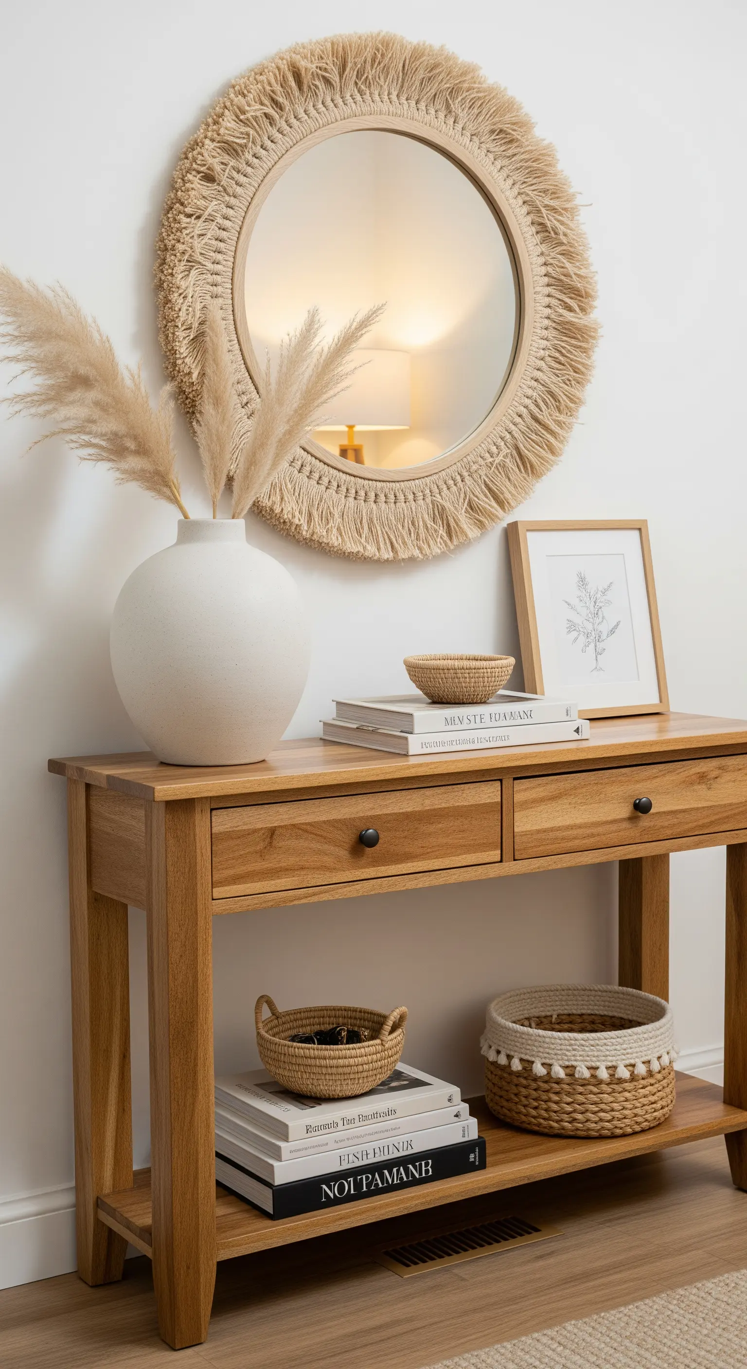 Eine Holzkonsole mit einem Makramee-Spiegel, einer weißen Vase mit Pampasgras und Büchern