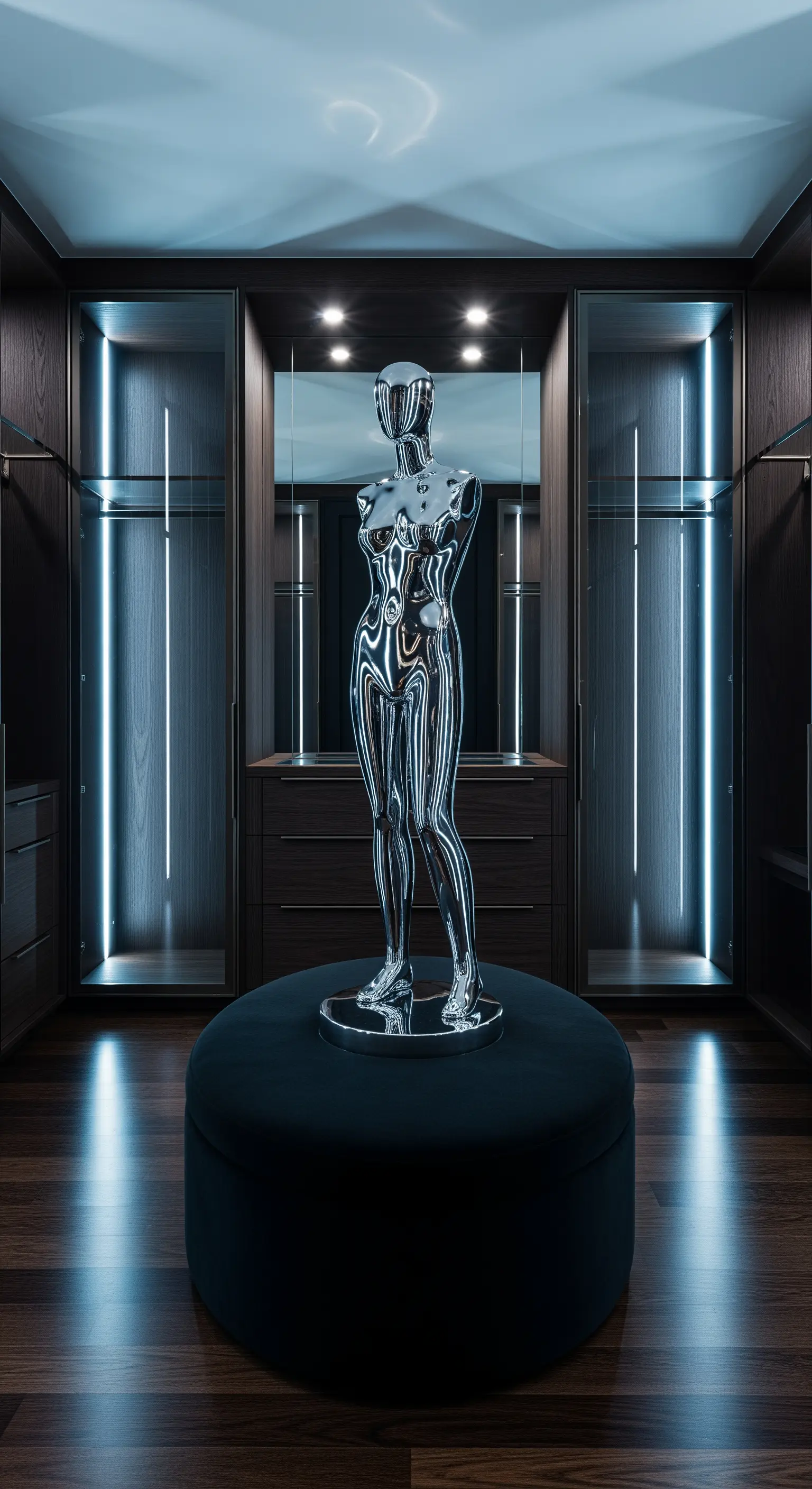 Chrom-Mannequin auf Samt-Ottoman in beleuchtetem Ankleidezimmer.
