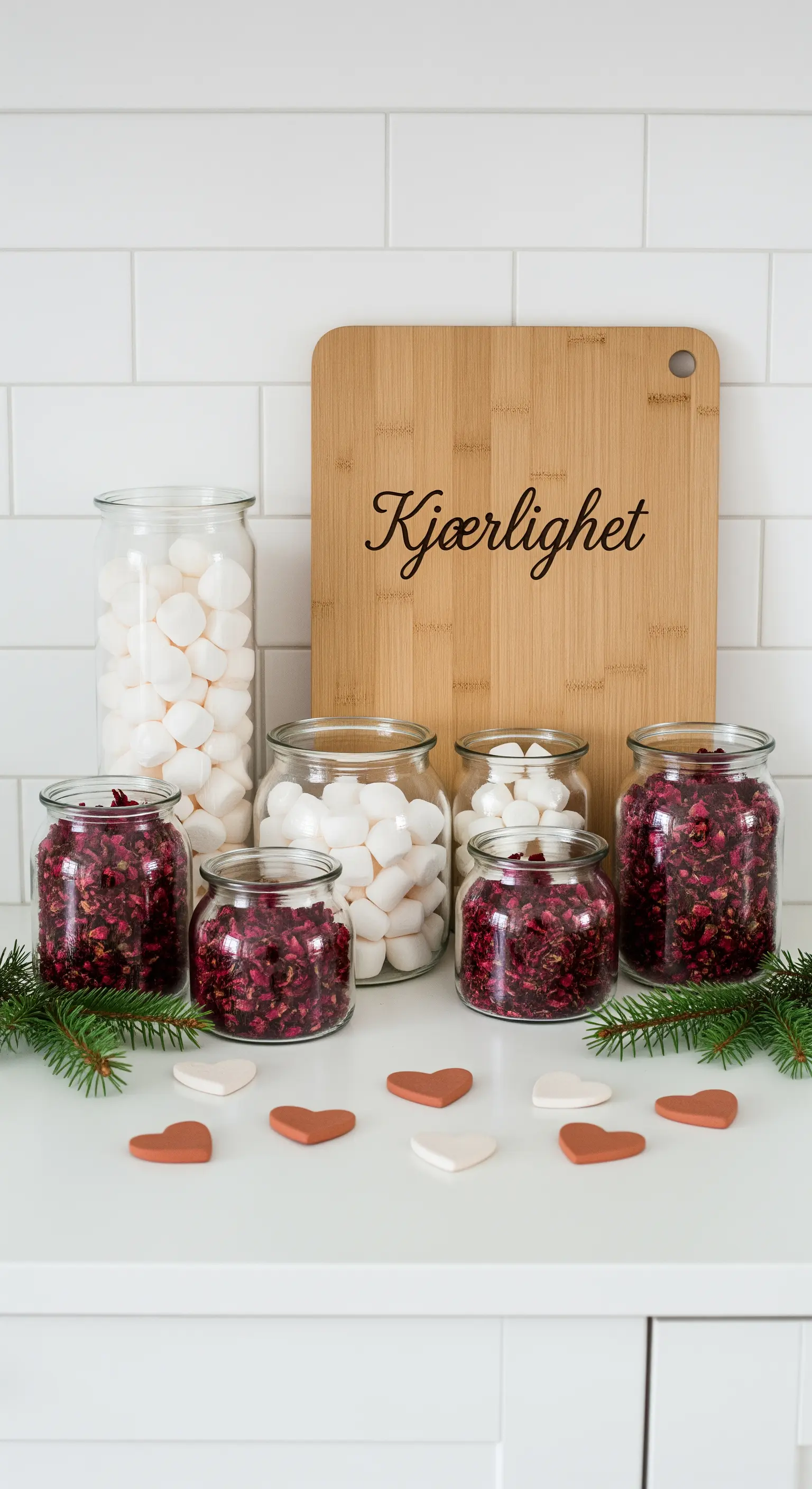 Küchenarbeitsplatte mit Gläsern voller Marshmallows und Rosenblüten, Herz-Deko und Holzbrett.