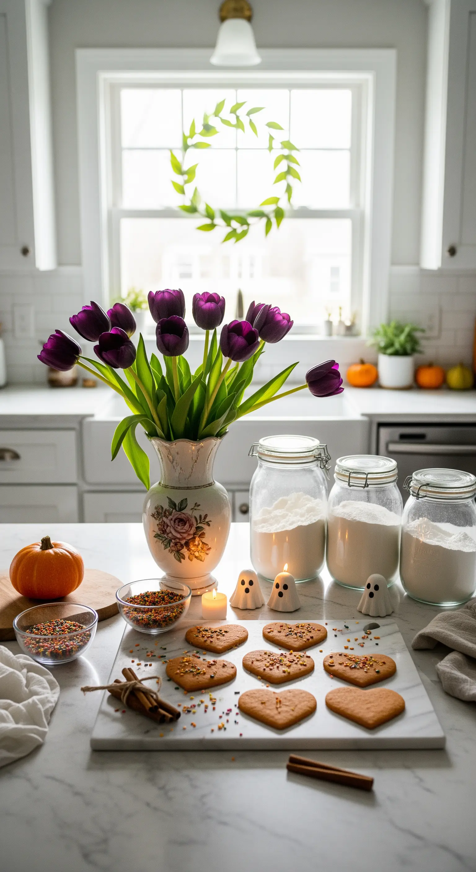 Küche mit Backutensilien, herzförmigen Keksen, lila Tulpen und kleinen Geister-Kerzen.