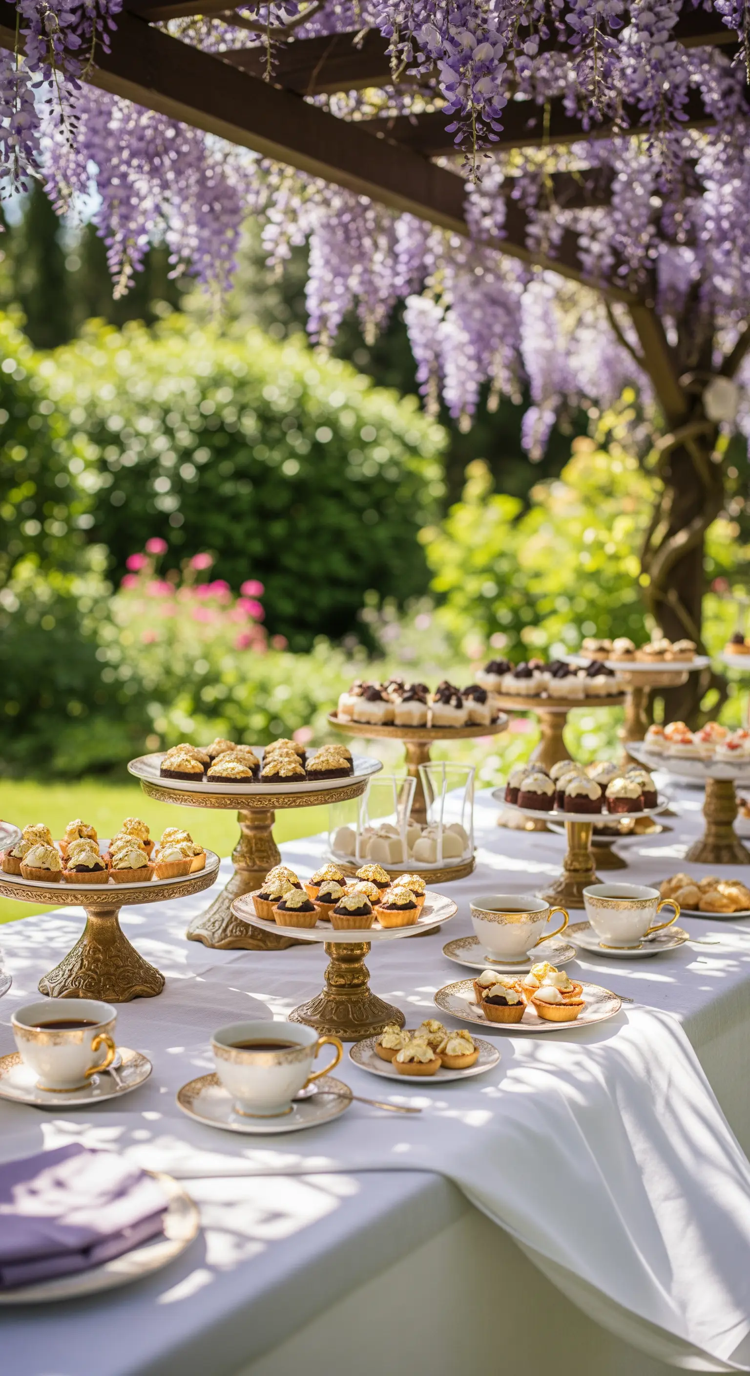 Dessert-Buffet unter Blauregen-Pergola mit goldenen Etageren und Teegeschirr