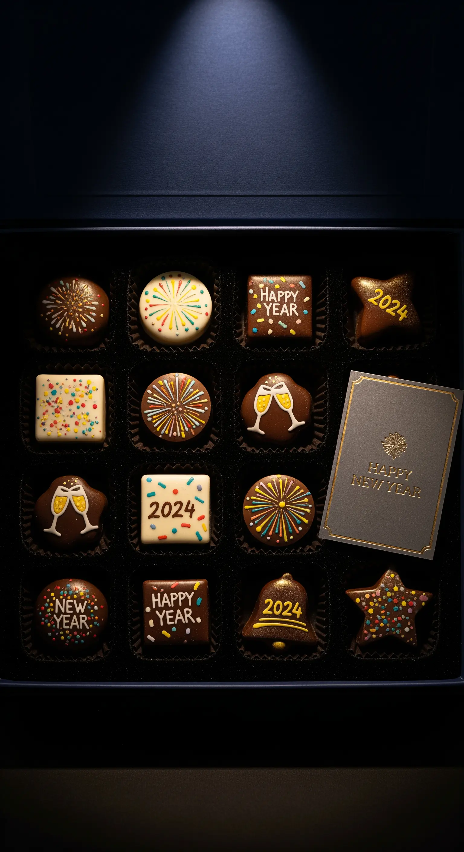 Schachtel mit Neujahrspralinen, verziert mit