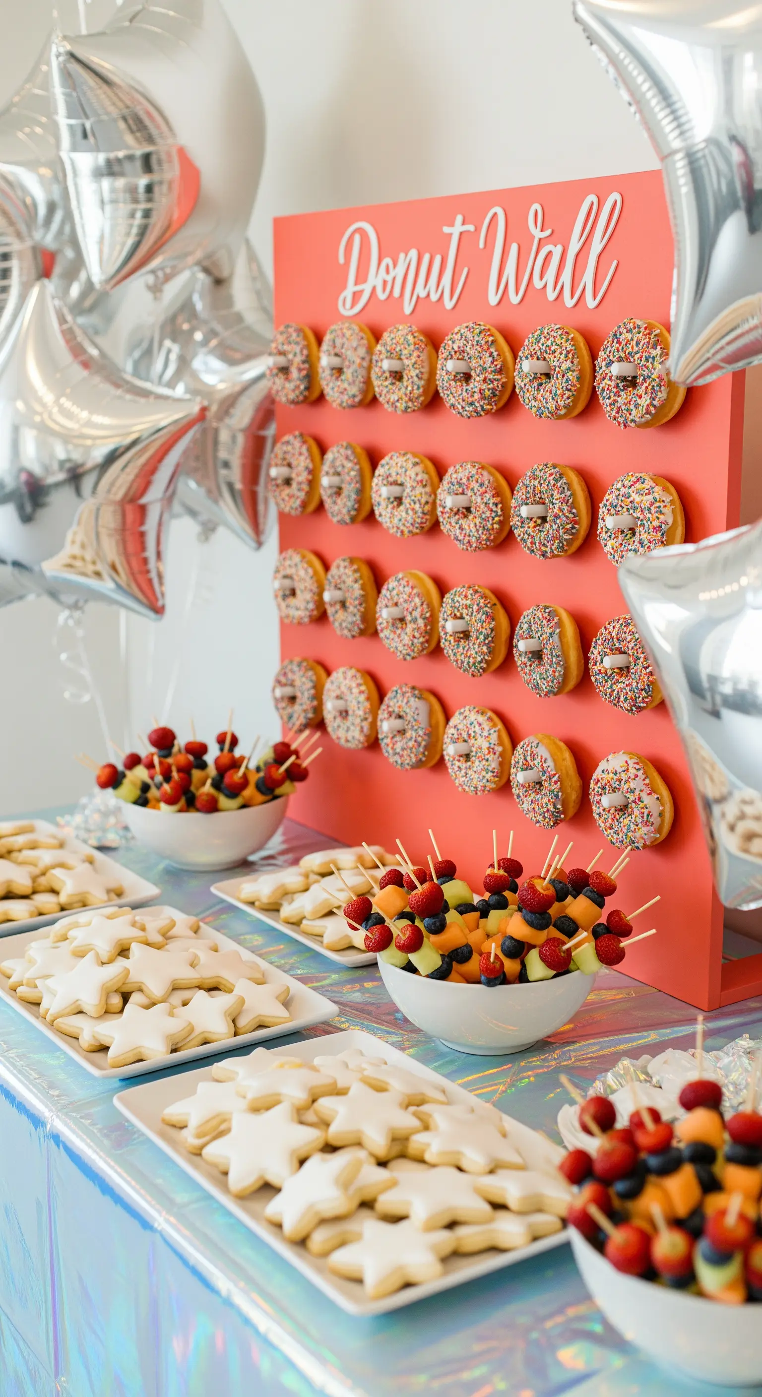 Donut-Wand mit Stern-Keksen und Fruchtspießen für eine Kinderparty.