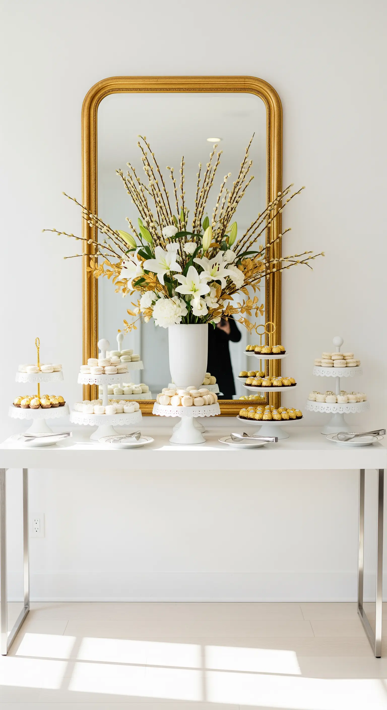 Oster-Dessert-Tisch mit Goldspiegel und Frühlingsblumen