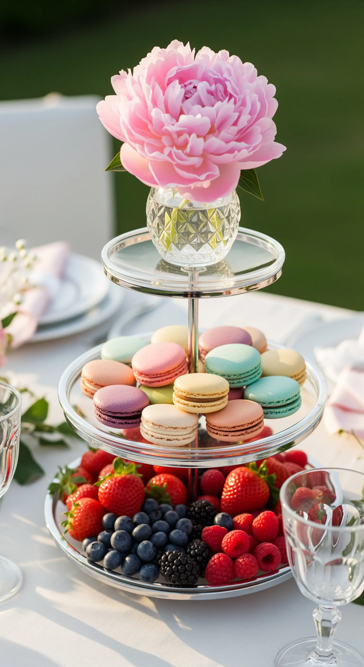 Glas-Etagere mit einer Pfingstrose, bunten Macarons und frischen Beeren