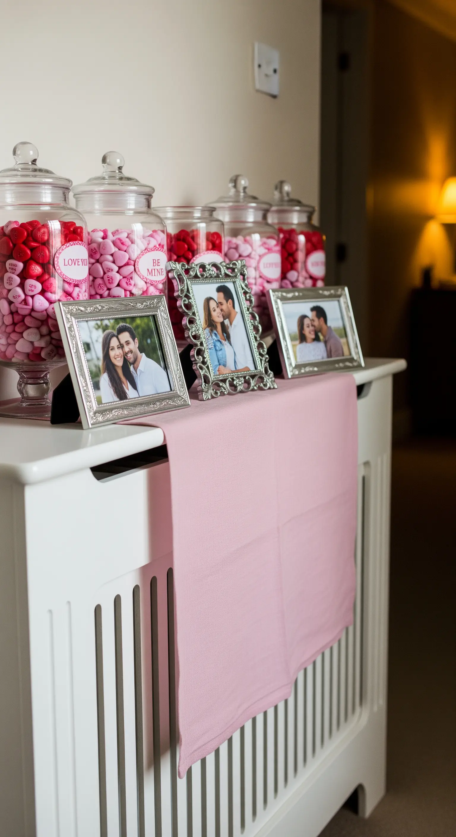Heizungsverkleidung mit Bonbon-Gläsern, gerahmten Fotos und rosa Läufer.