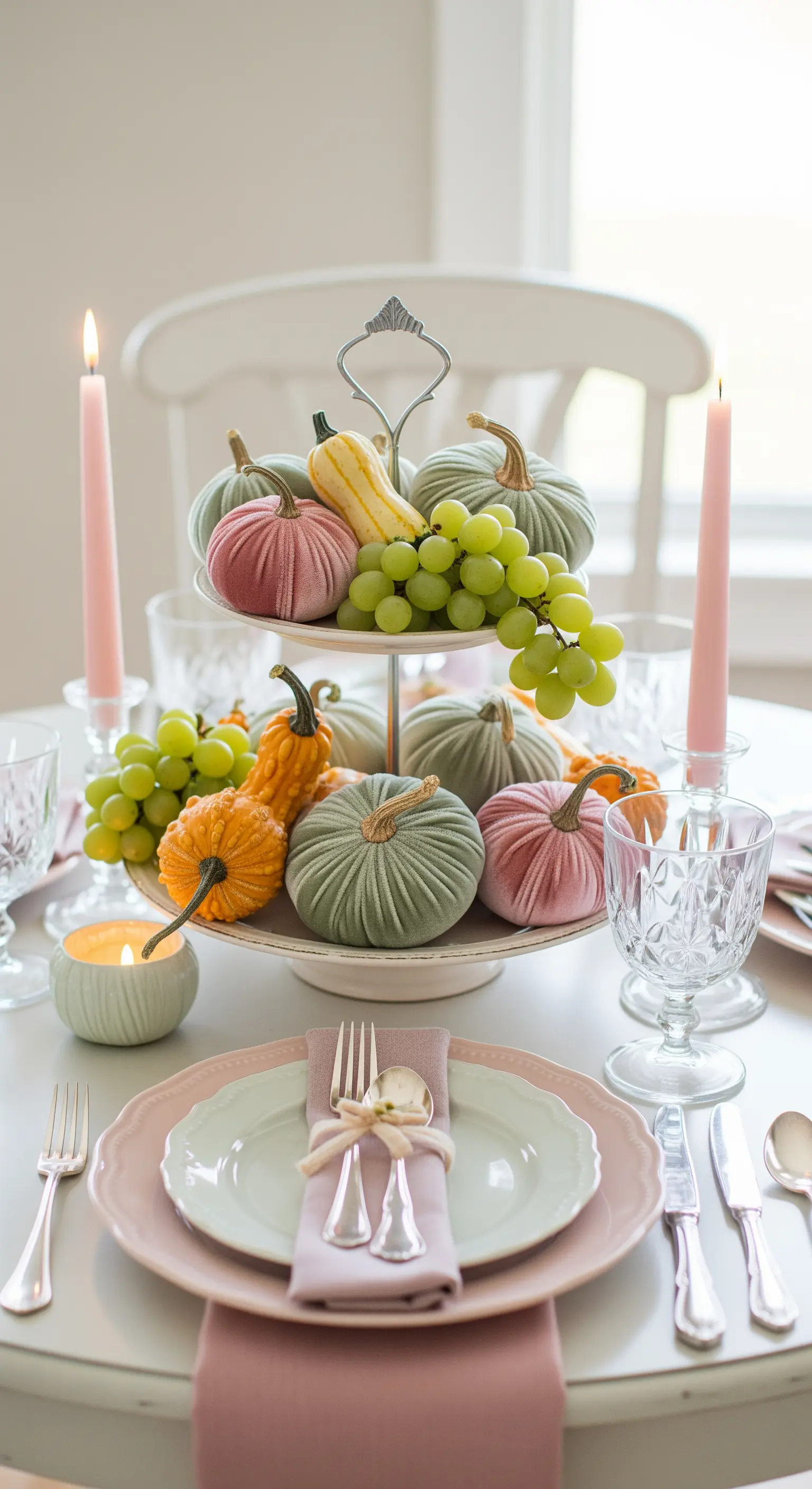 Etagere mit pastellfarbenen Samt-Kürbissen und grünen Weintrauben für eine romantische Tischdeko.