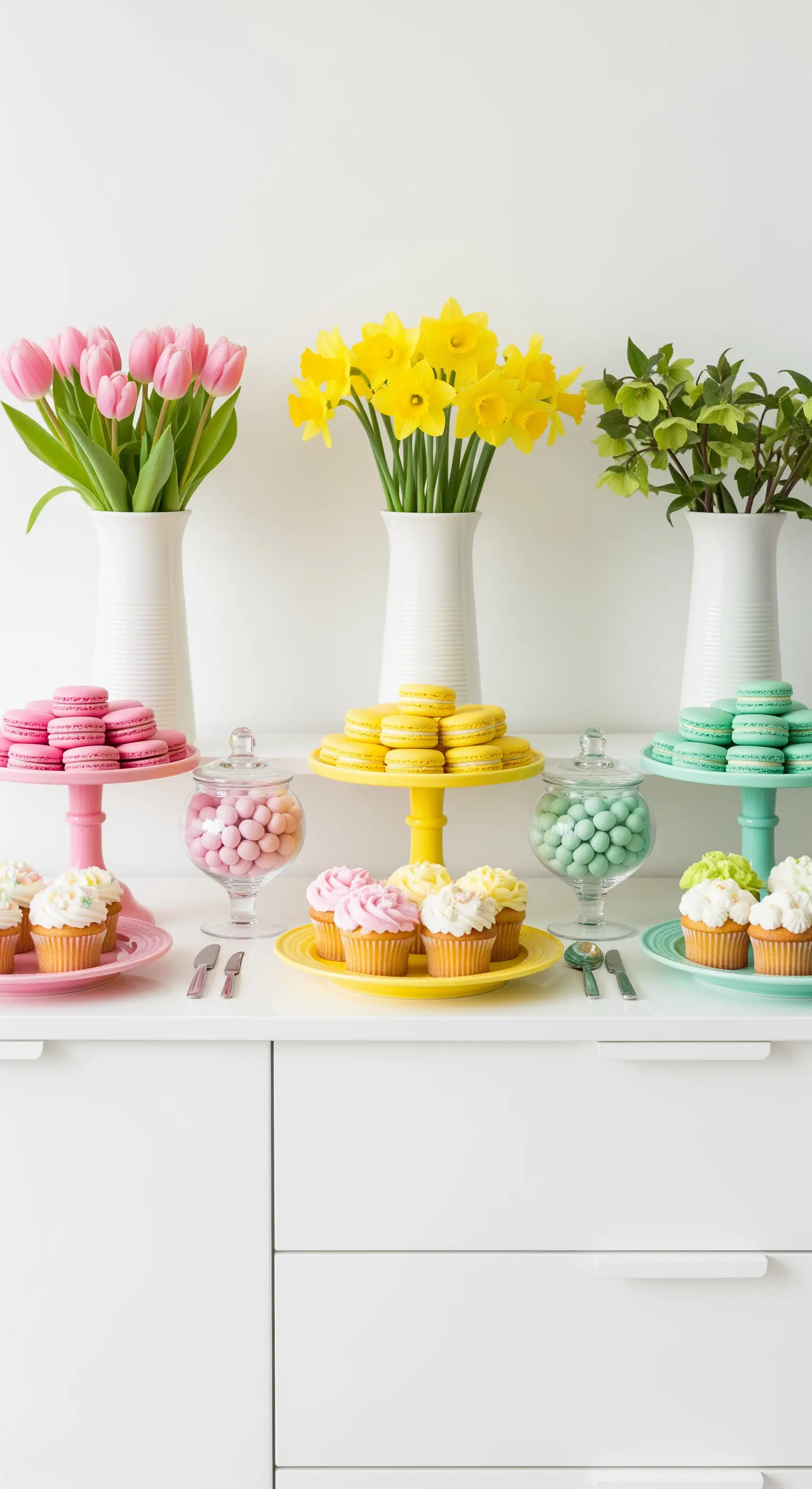 Farbenfrohe Dessert-Bar zu Ostern, sortiert nach Rosa, Gelb und Mint.