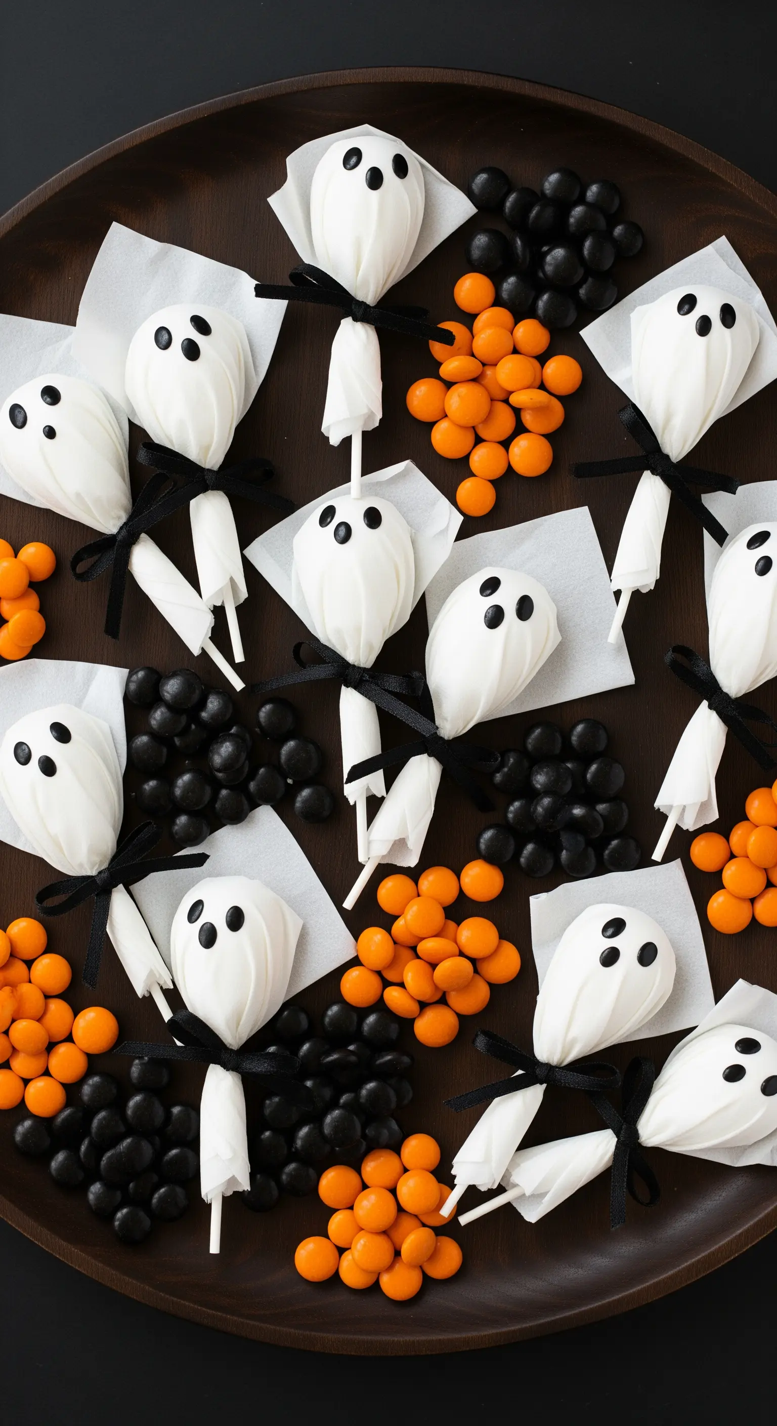 Halloween Geister Cake Pops mit schwarzen Bändern und bunten Süßigkeiten.