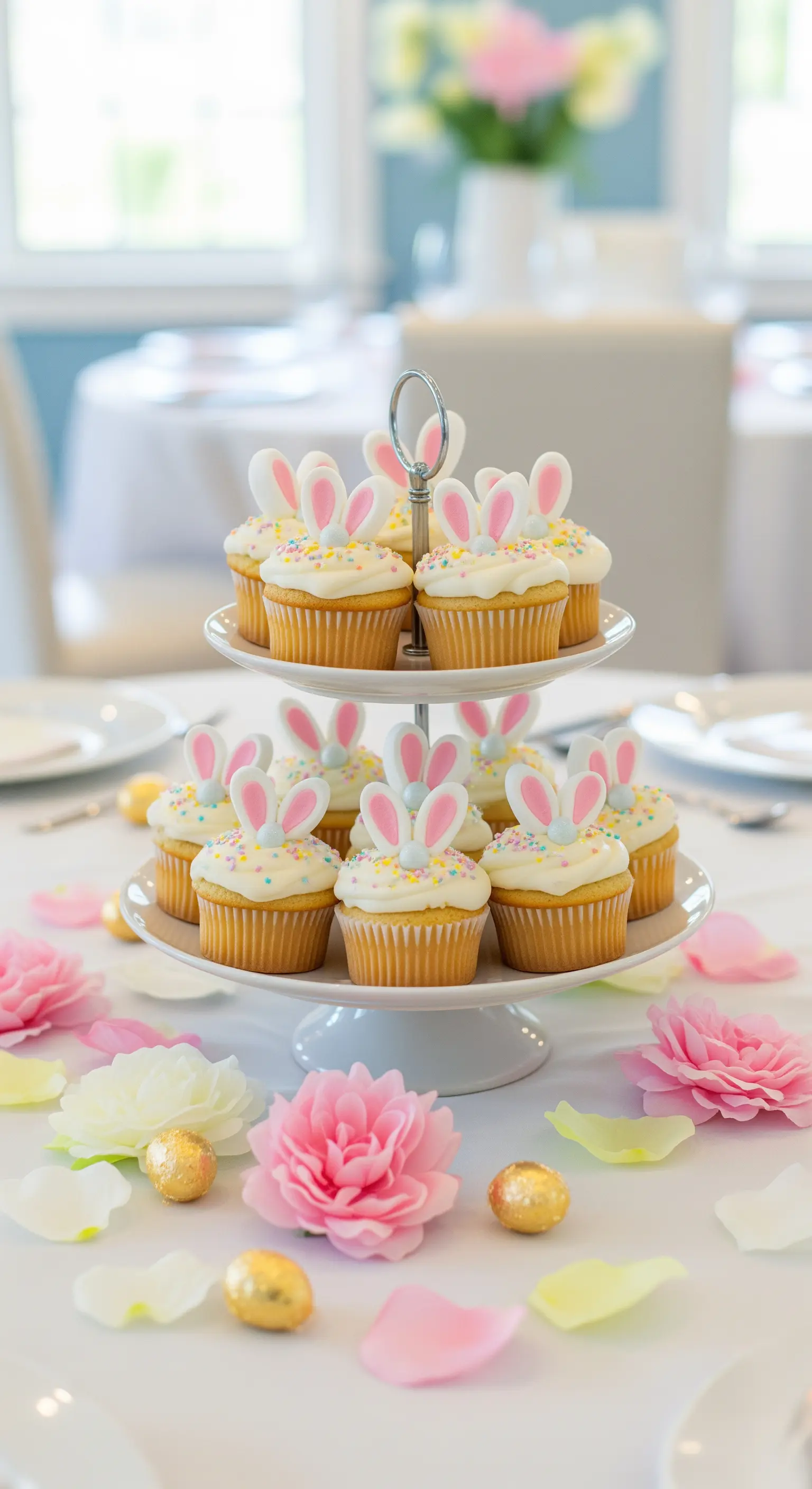 Etagere mit Cupcakes, dekoriert mit Hasenohren und bunten Zuckerstreuseln, umgeben von Blütenblättern.