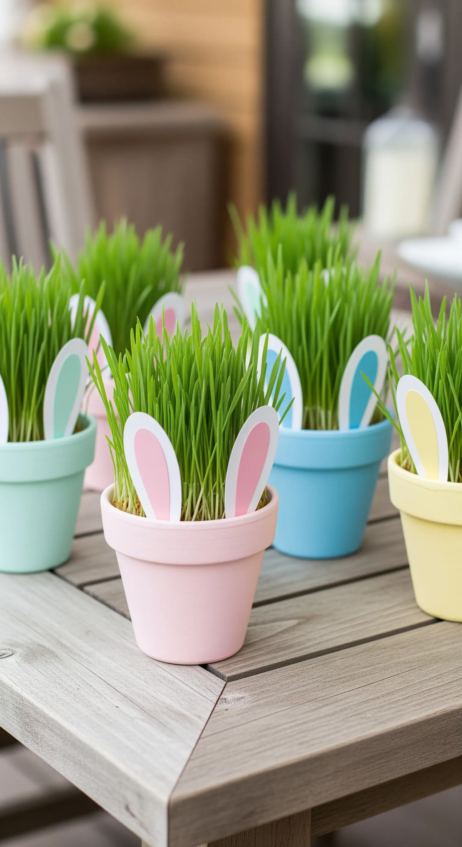 Pastellfarbene Blumentöpfe mit Weizengras und Hasenohren auf einem Holztisch