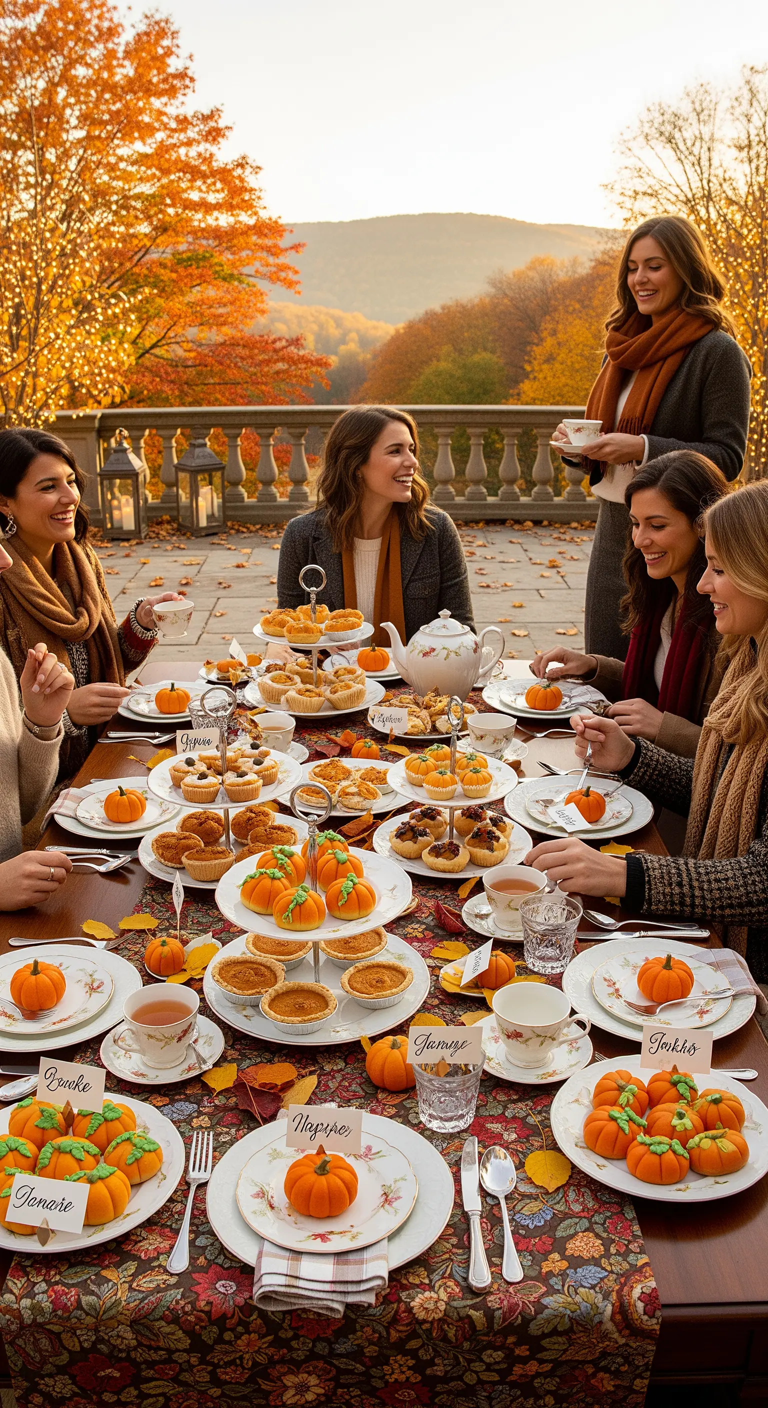 Herbst-Teeparty auf Terrasse mit Frauen, Mini-Kürbis-Gebäck, Blumen-Tischdecke