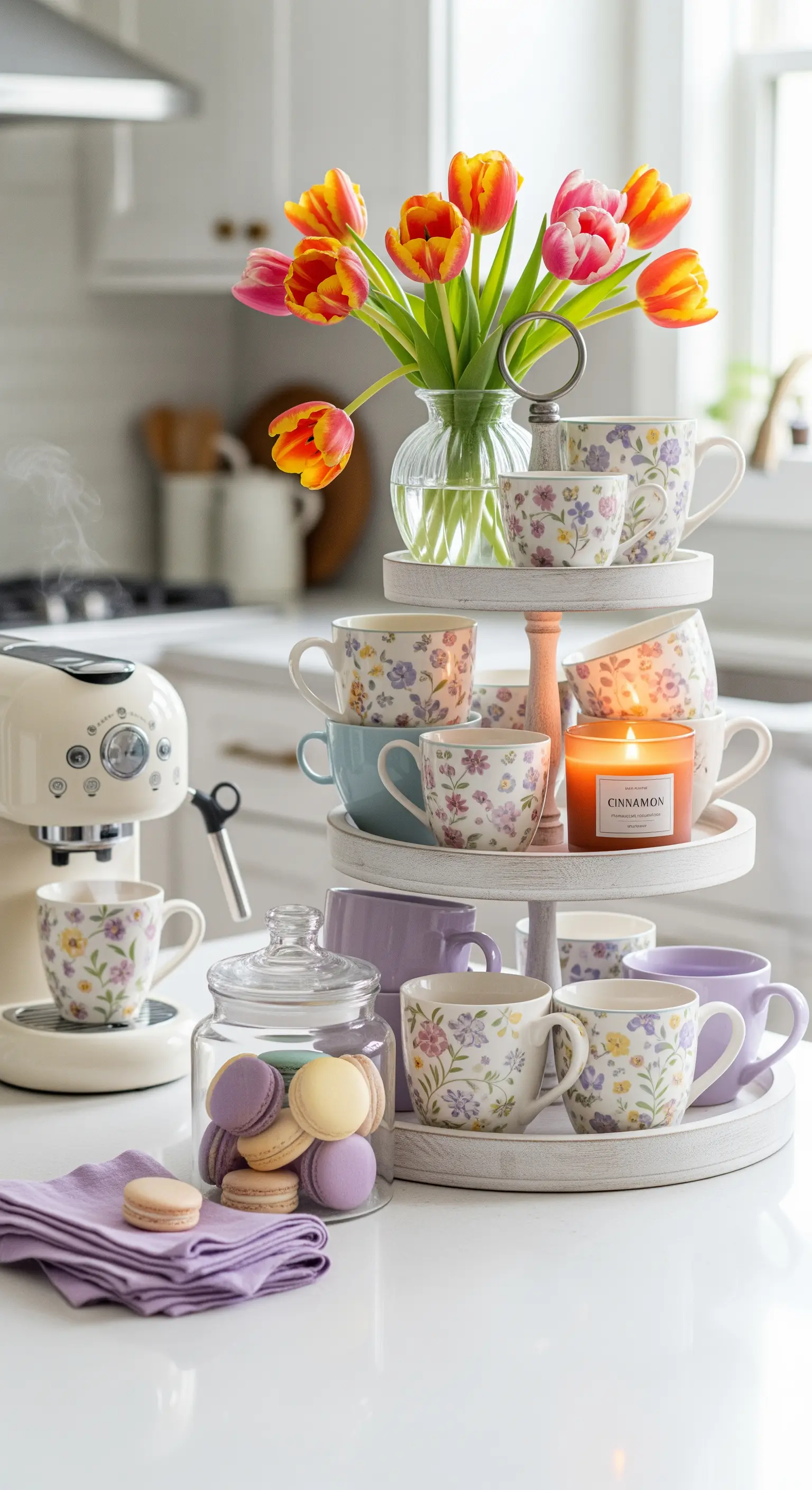 Etagere mit floralen Tassen, Tulpen, Duftkerze und Macarons auf Küchentresen