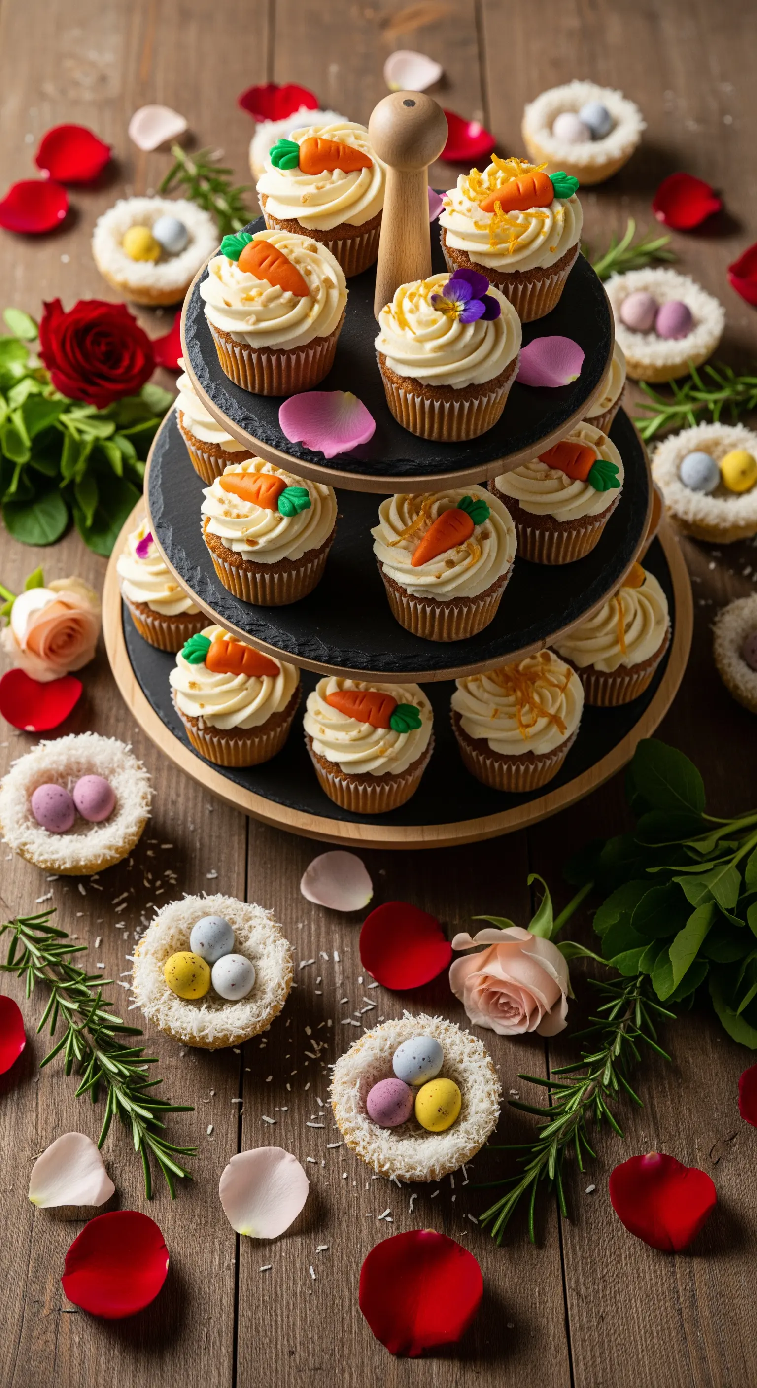 Etagere mit Oster-Cupcakes, kleinen Nestchen mit Eiern und Rosenblättern