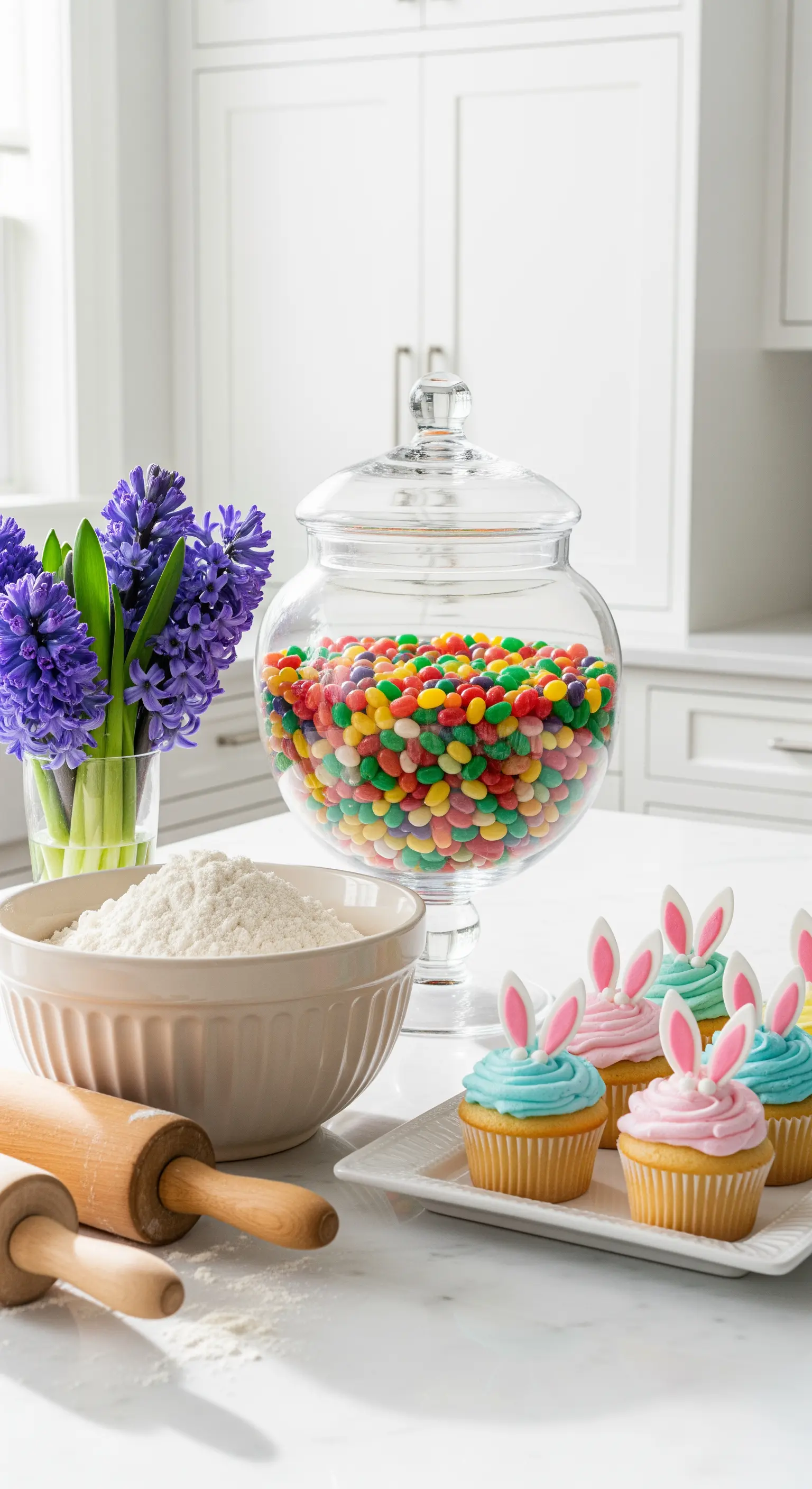 Osterbäckerei mit bunten Cupcakes, Jelly Beans und Hyazinthen