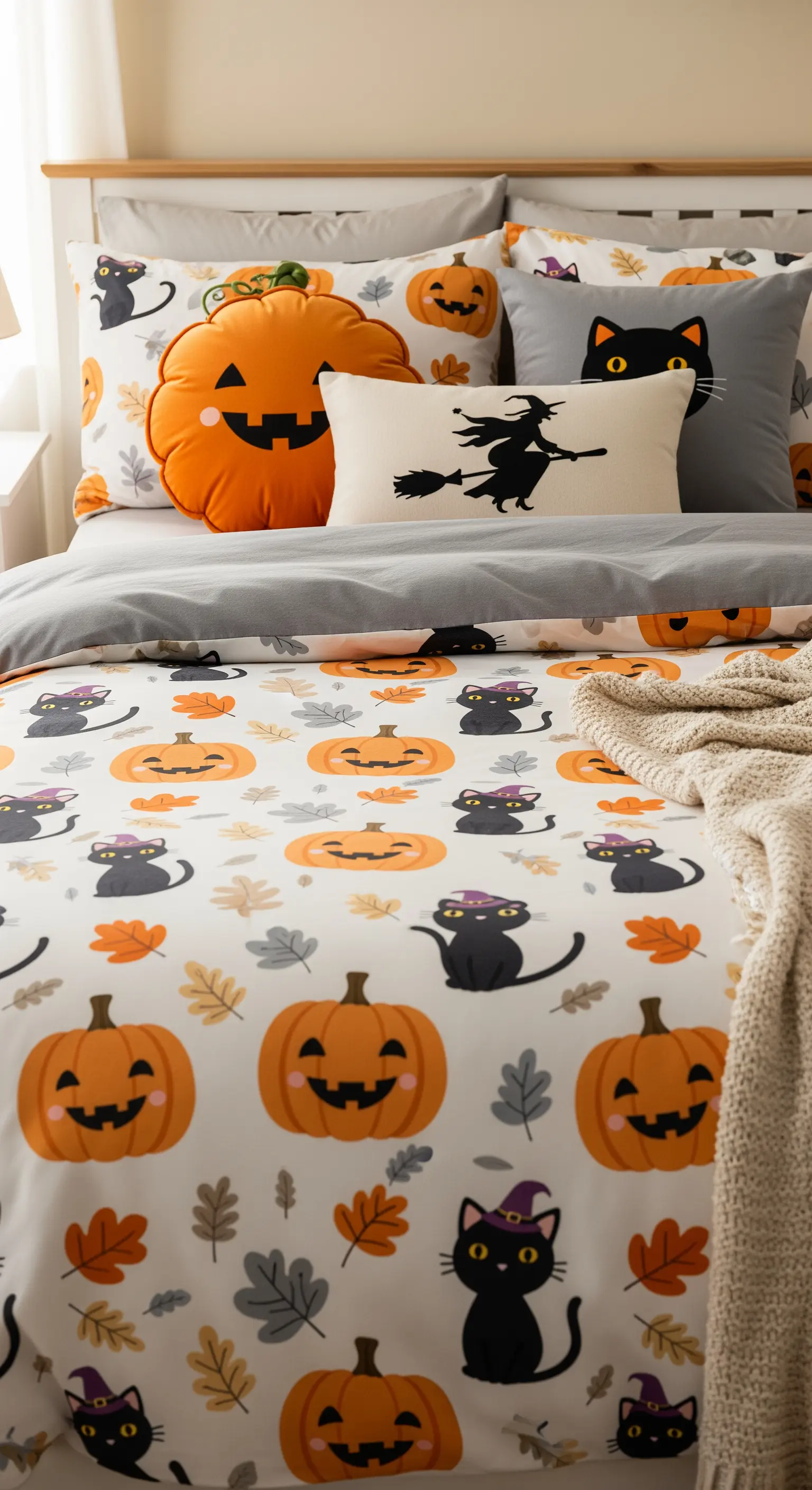 Kinderbett mit Bettwäsche, die mit schwarzen Katzen und Kürbissen bedruckt ist, kombiniert mit Motivkissen.