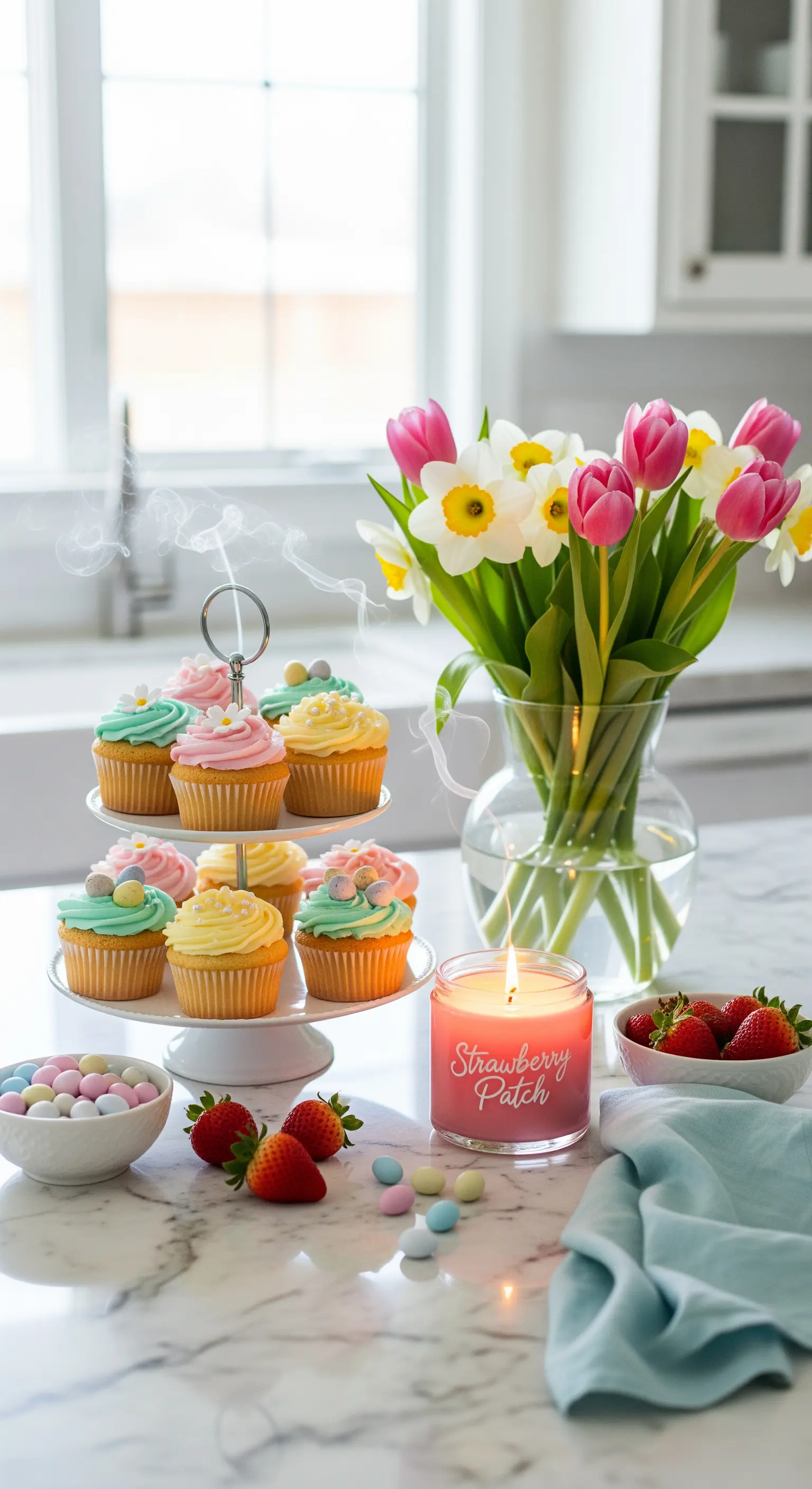 Etagere mit Cupcakes, Tulpen und Narzissen in Vase, Duftkerze und Erdbeeren