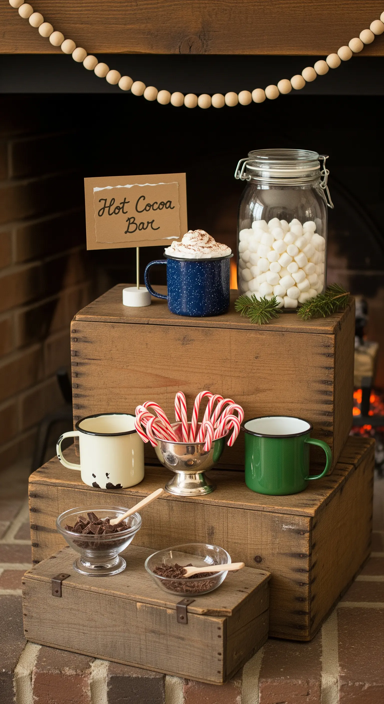 Heißkakao-Bar auf Holzkisten vor dem Kamin
