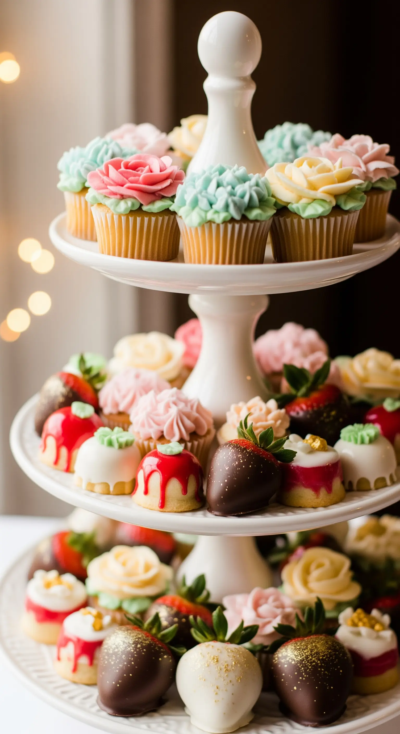 Weiße Etagere mit bunten Cupcakes, Petit Fours und schokolierten Erdbeeren.