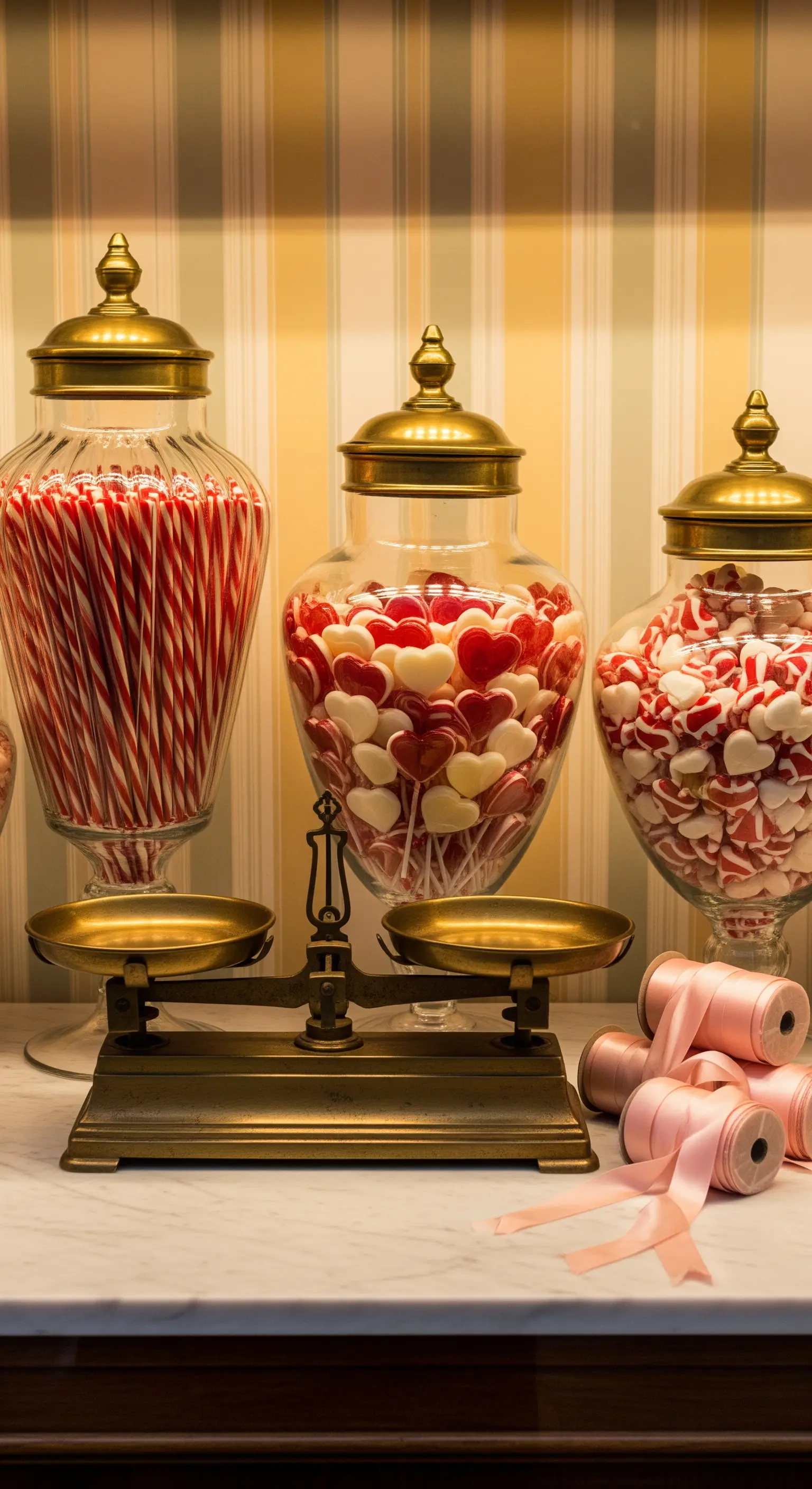 Süßigkeiten Display, Vintage Apothekergläser, Messingwaage, rosa Bänder, Bonbons