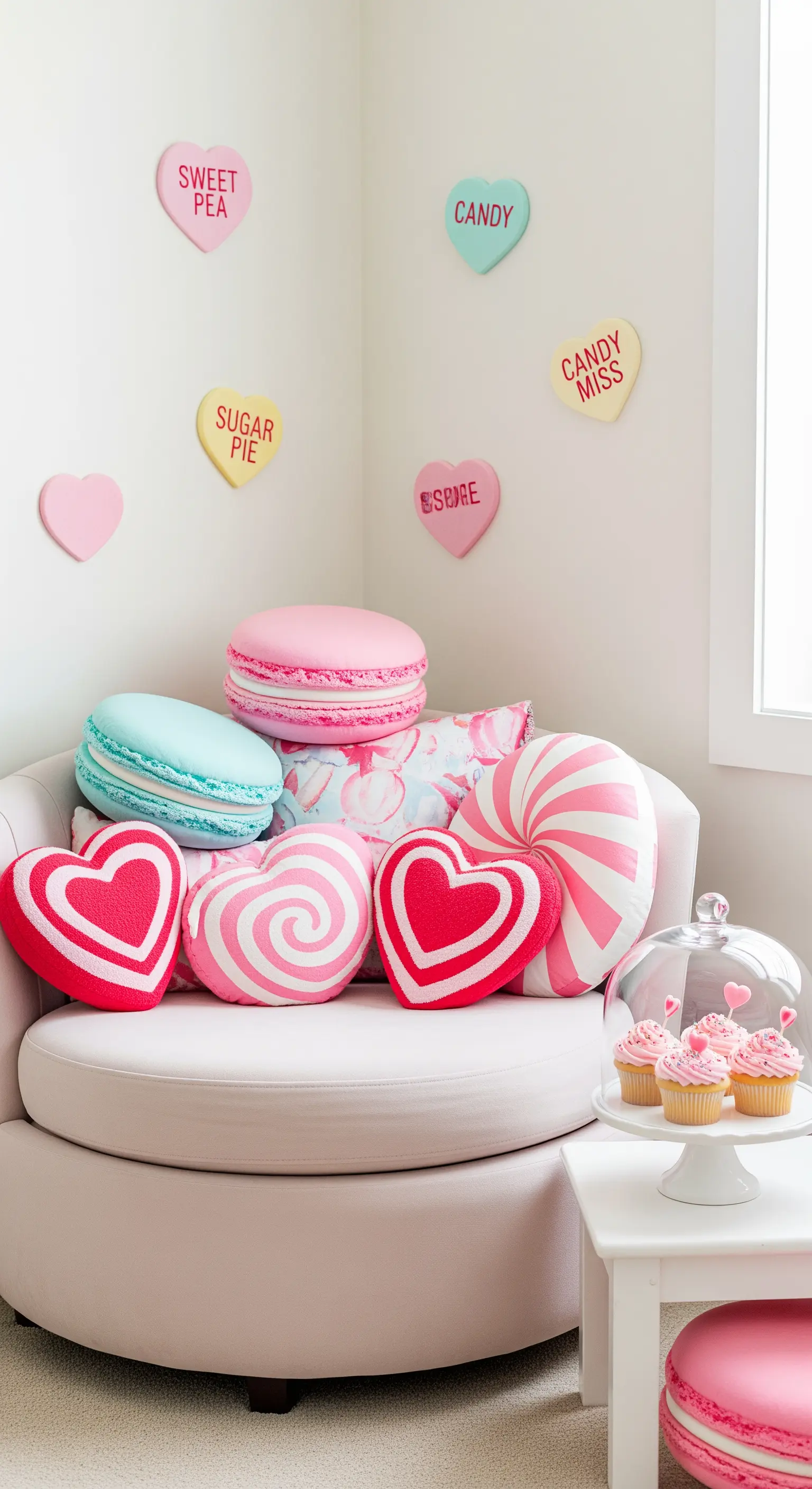 Eine helle Sitzecke mit vielen Kissen in Form von Süßigkeiten wie Herzen und Macarons.
