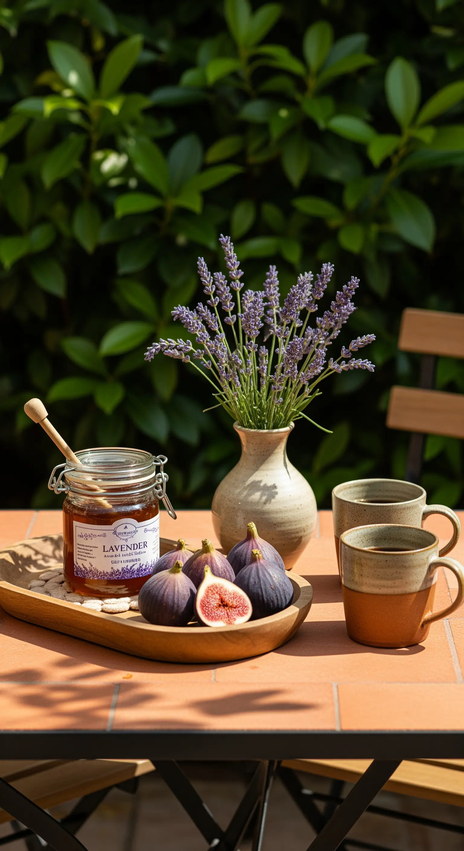 Frühstückstisch mit Lavendelhonig, Feigen und Lavendelstrauß im Freien