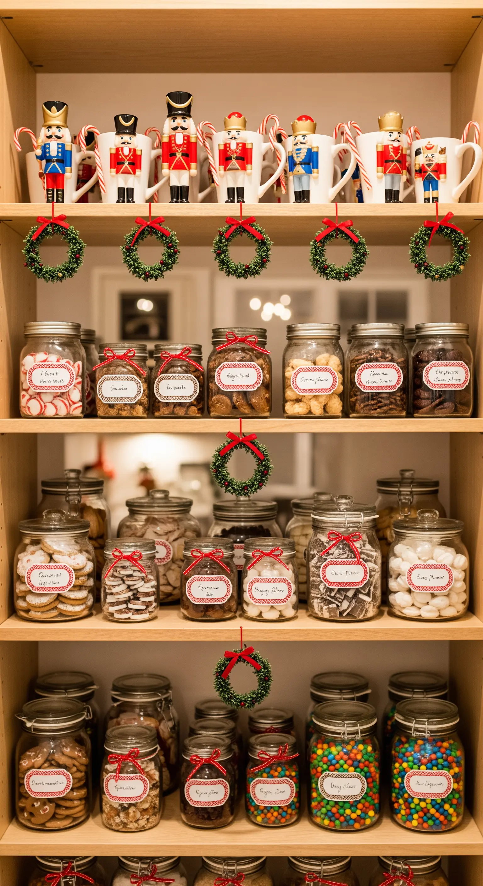 Pantry-Regal gefüllt mit Gläsern voller Süßigkeiten, Nussknacker-Tassen und Mini-Kränzen