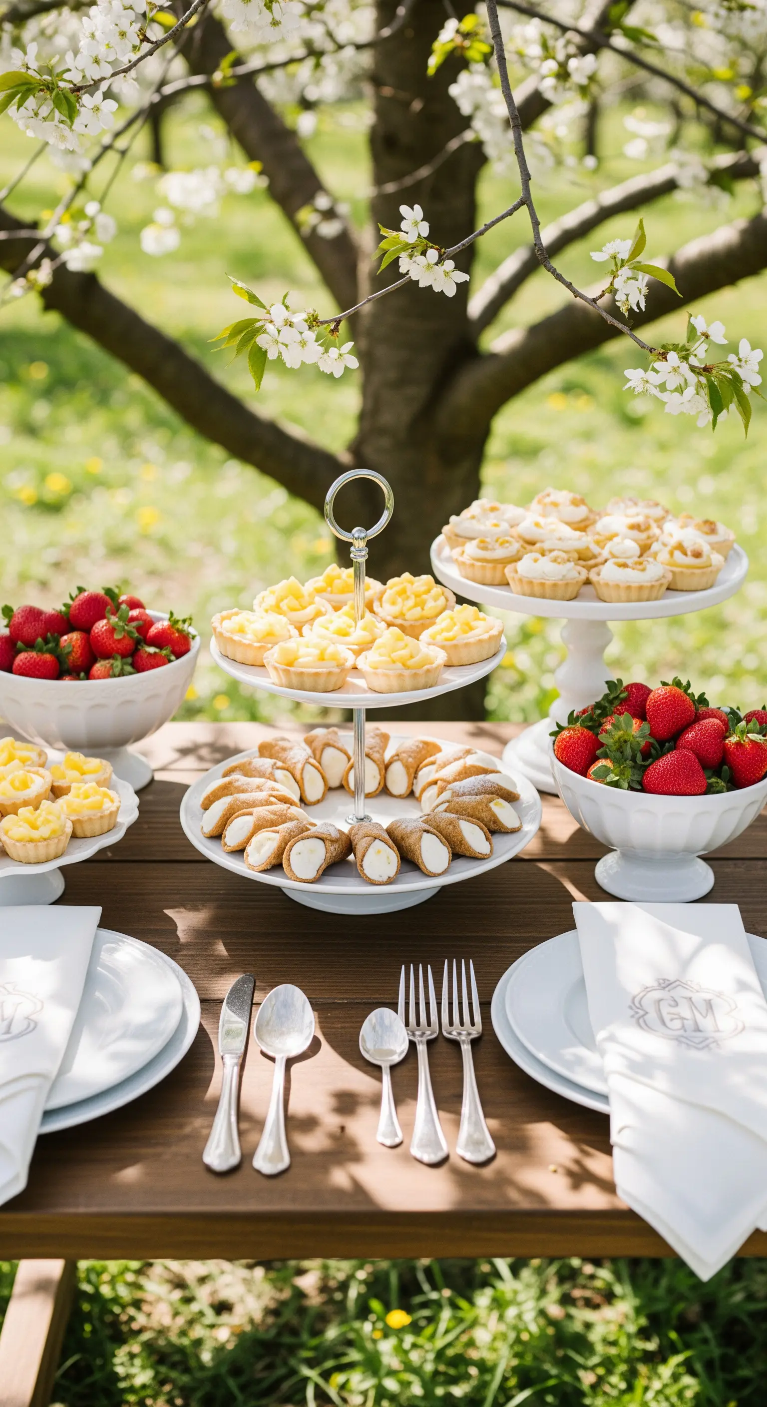 Dessert-Arrangement unter blühenden Bäumen mit frischen Früchten