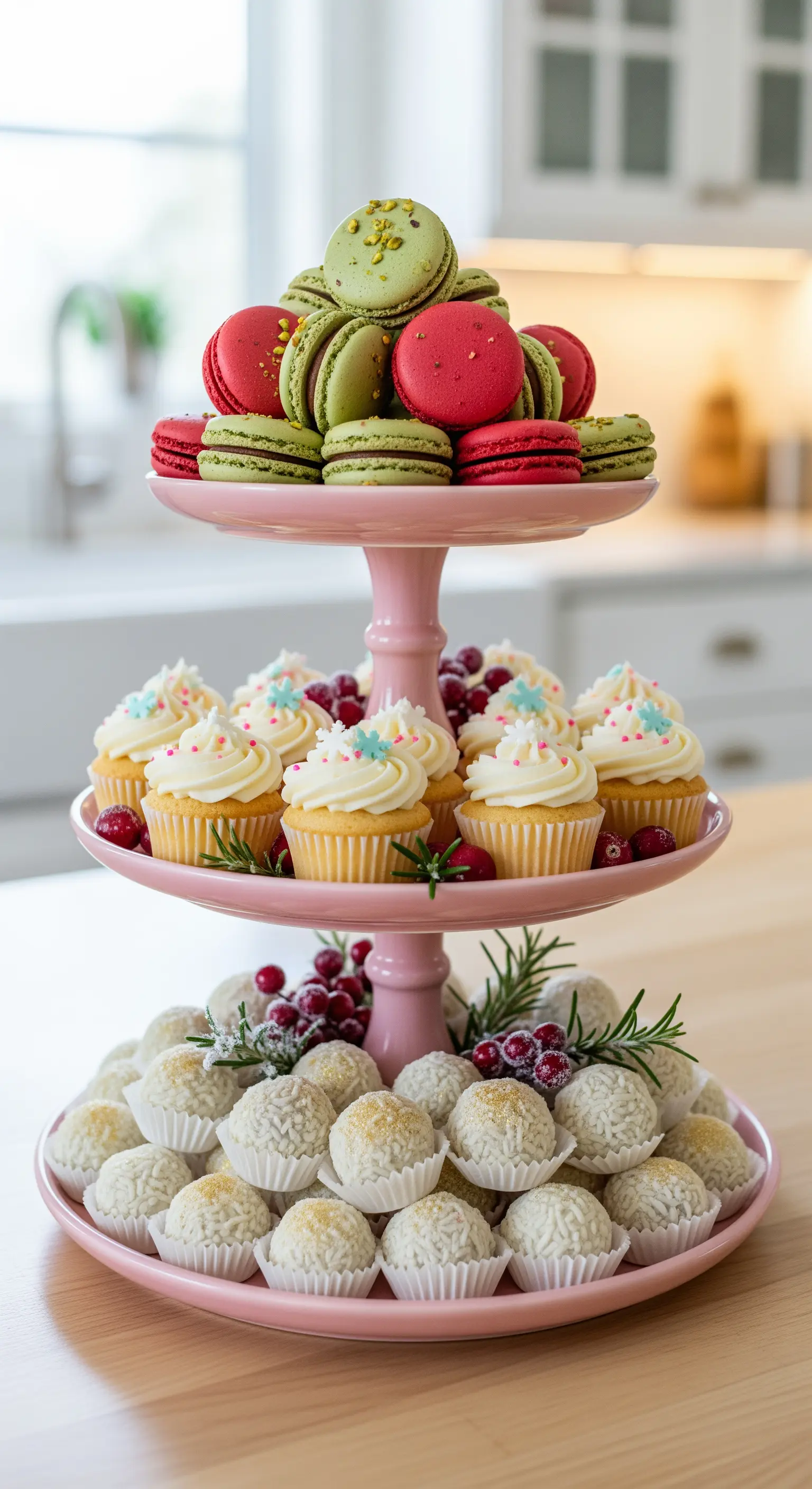 Rosa Etagere mit festlichen Macarons, Cupcakes und Kokoskugeln.