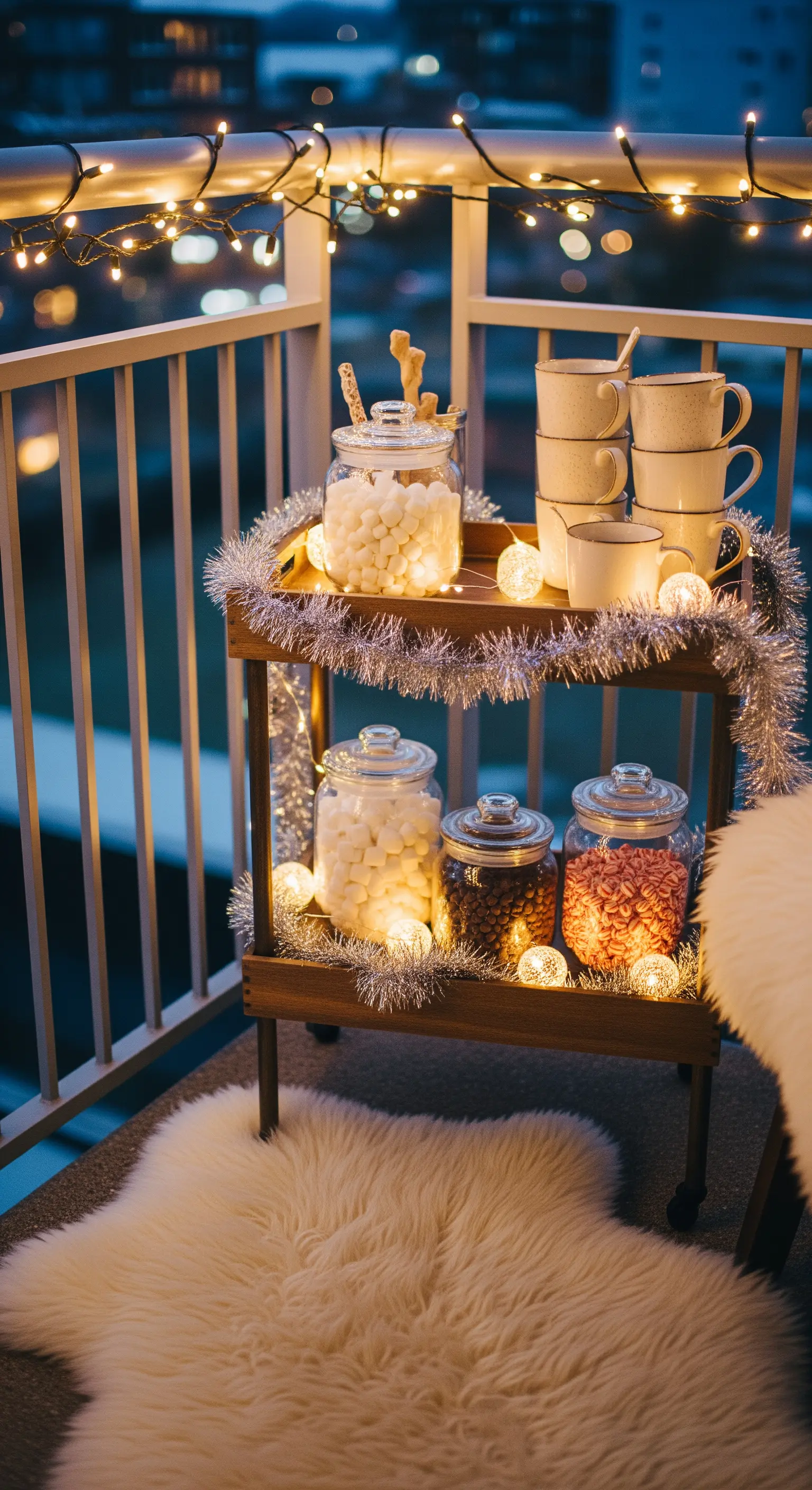 Servierwagen mit Marshmallows, Tassen und Lichterketten auf Balkon mit Kunstfell-Teppich