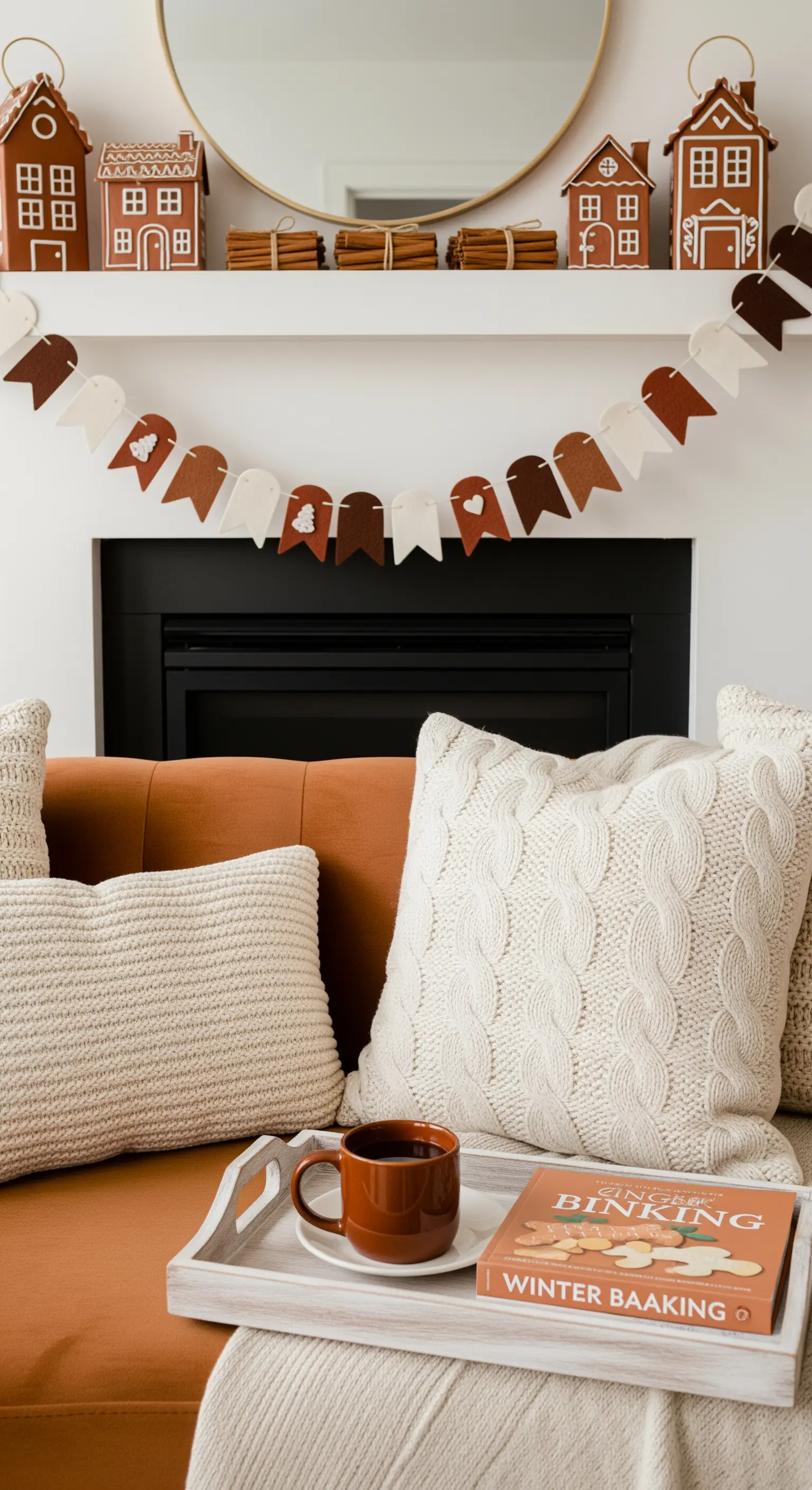 Weißer Kamin mit Lebkuchenhaus-Girlande, Zimtstangen, gestrickte Kissen, gemütliche Deko.