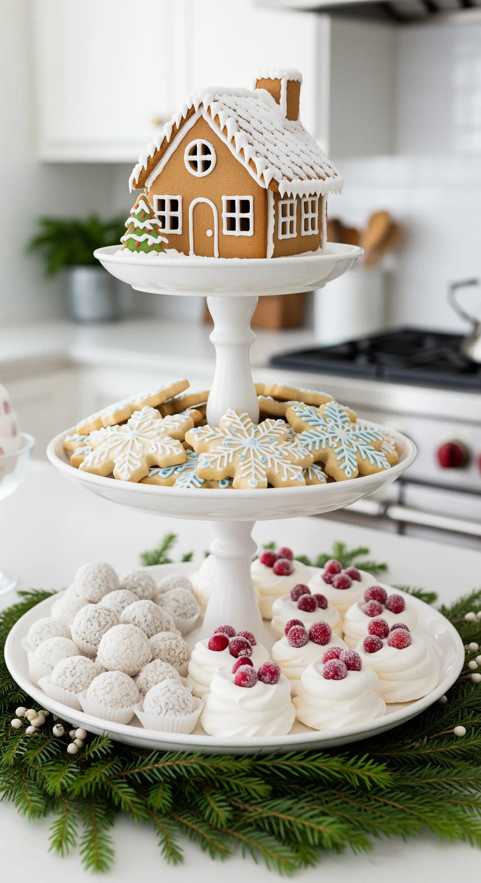 Weiße Etagere mit Lebkuchenhaus, Keksen und winterlichen Desserts.
