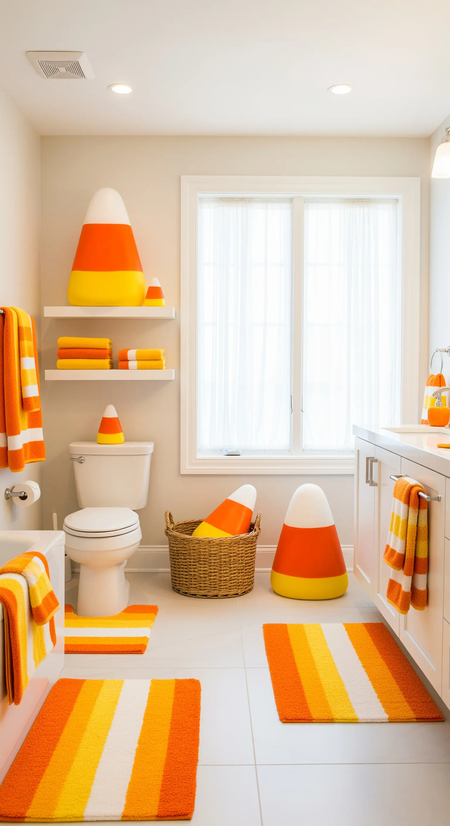 Badezimmer in Candy Corn Farben mit großen Figuren, Handtüchern und Badematten