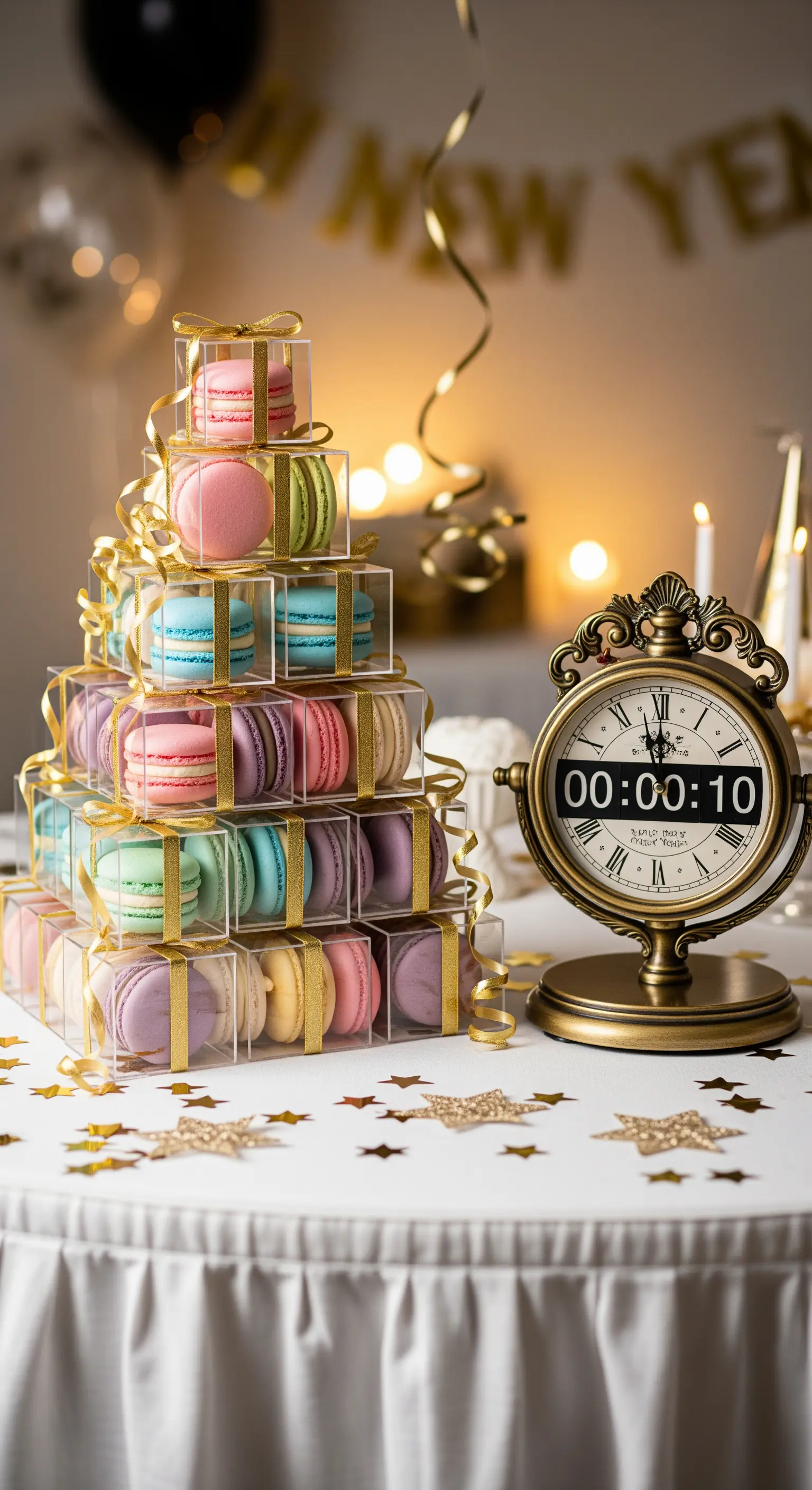 Macaron-Turm aus bunten Macarons in transparenten Geschenkboxen mit Goldbändern, neben einer Uhr und Sternkonfetti.