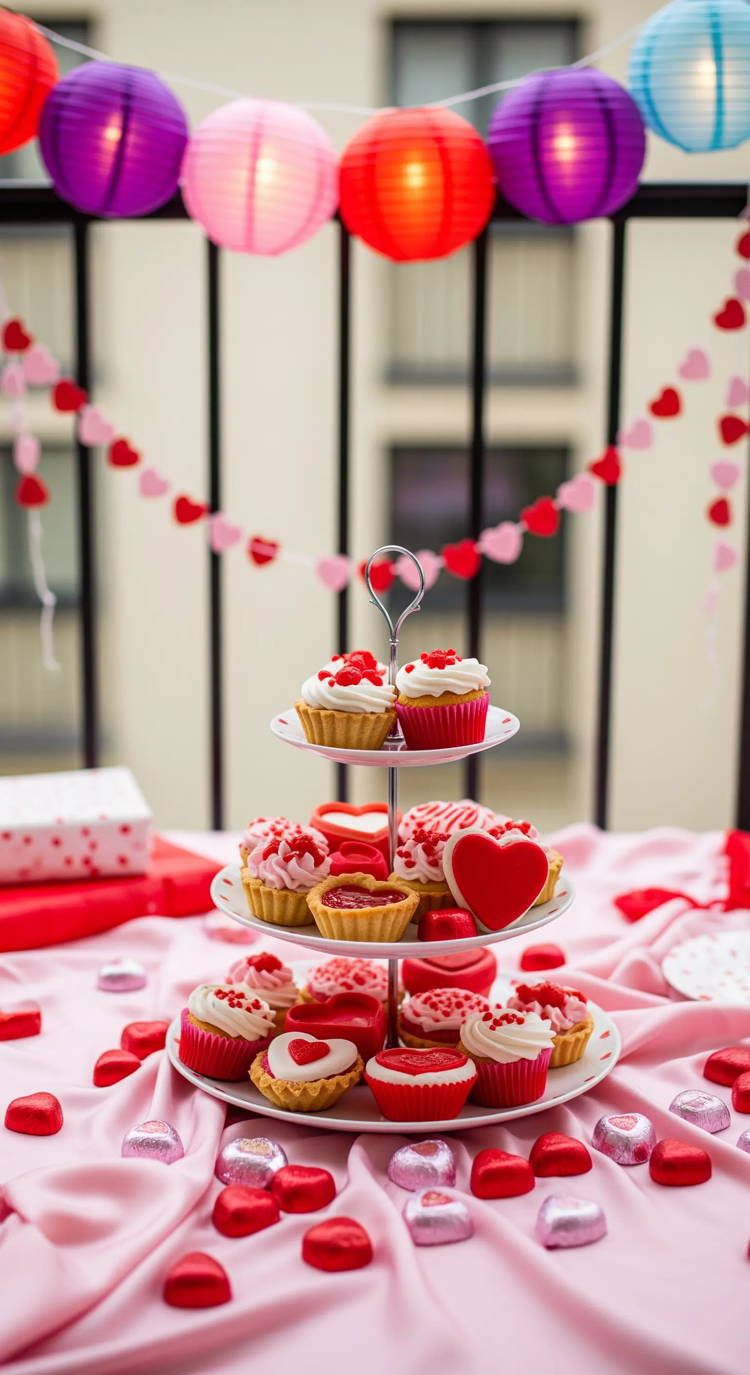 Balkon mit Etagere voller Cupcakes, Lampions, Herzgirlanden und pinkem Tischdeko.