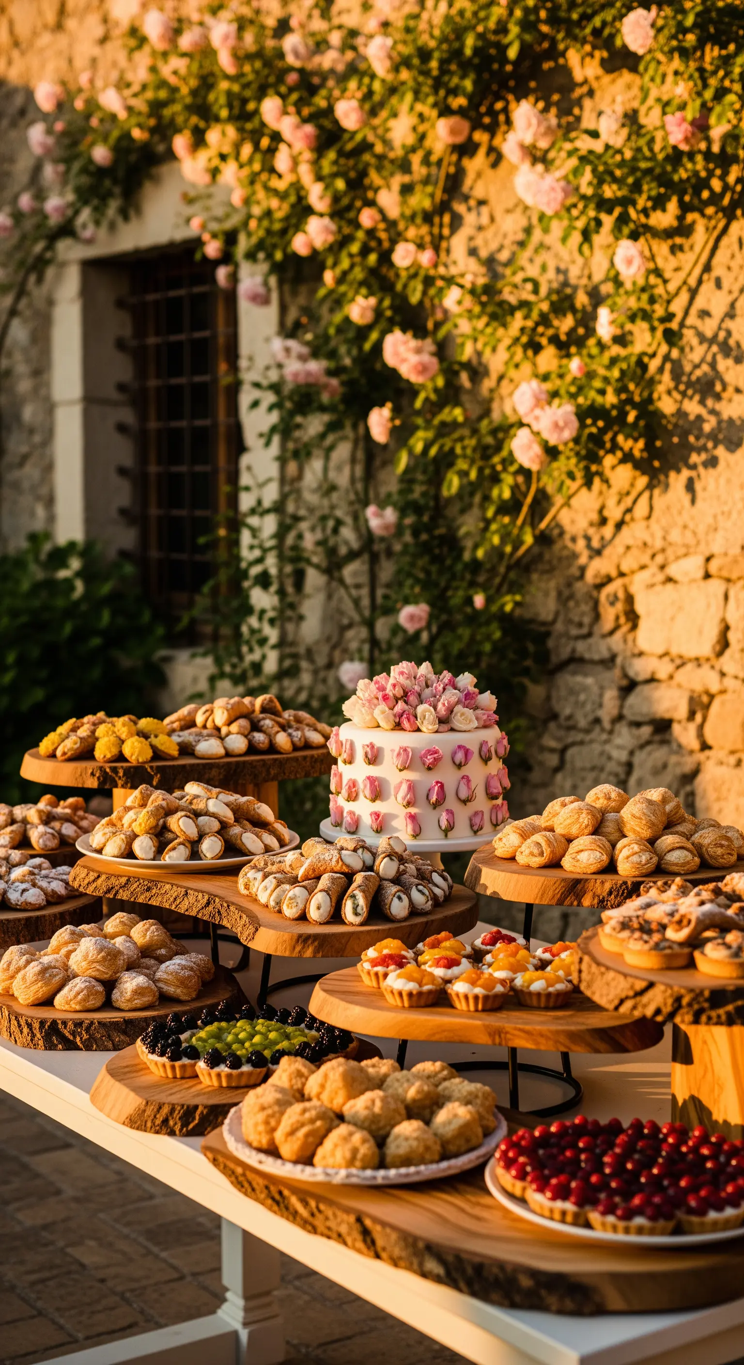 Desserttisch mit Olivenholz-Etageren, Kuchen und Gebäck vor einer blühenden Rosenwand
