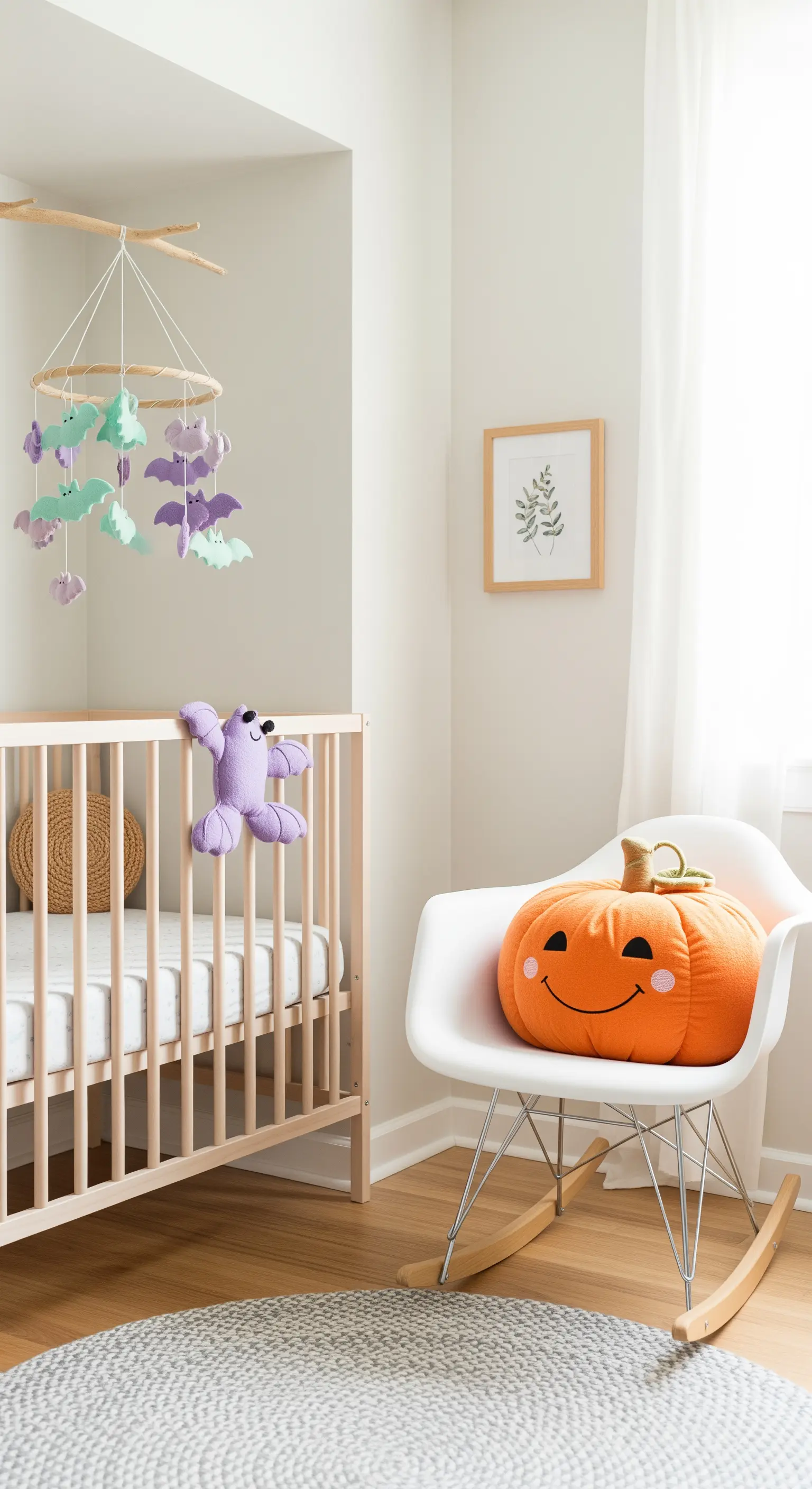 Halloween-Kinderzimmer mit Fledermaus-Mobile und Kürbiskissen.