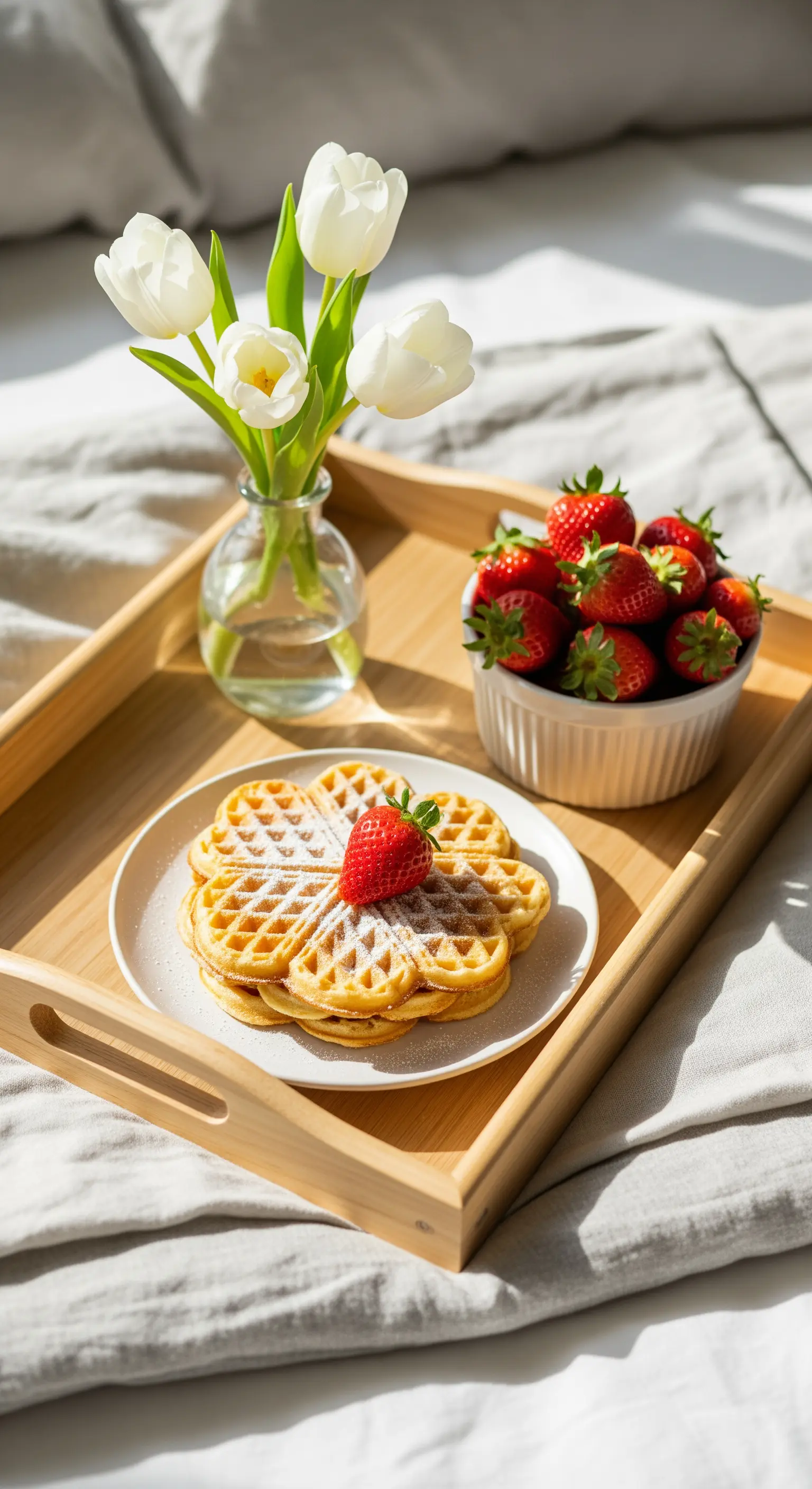 Frühstück im Bett mit herzförmigen Waffeln, Erdbeeren und weißen Tulpen auf Holztablett