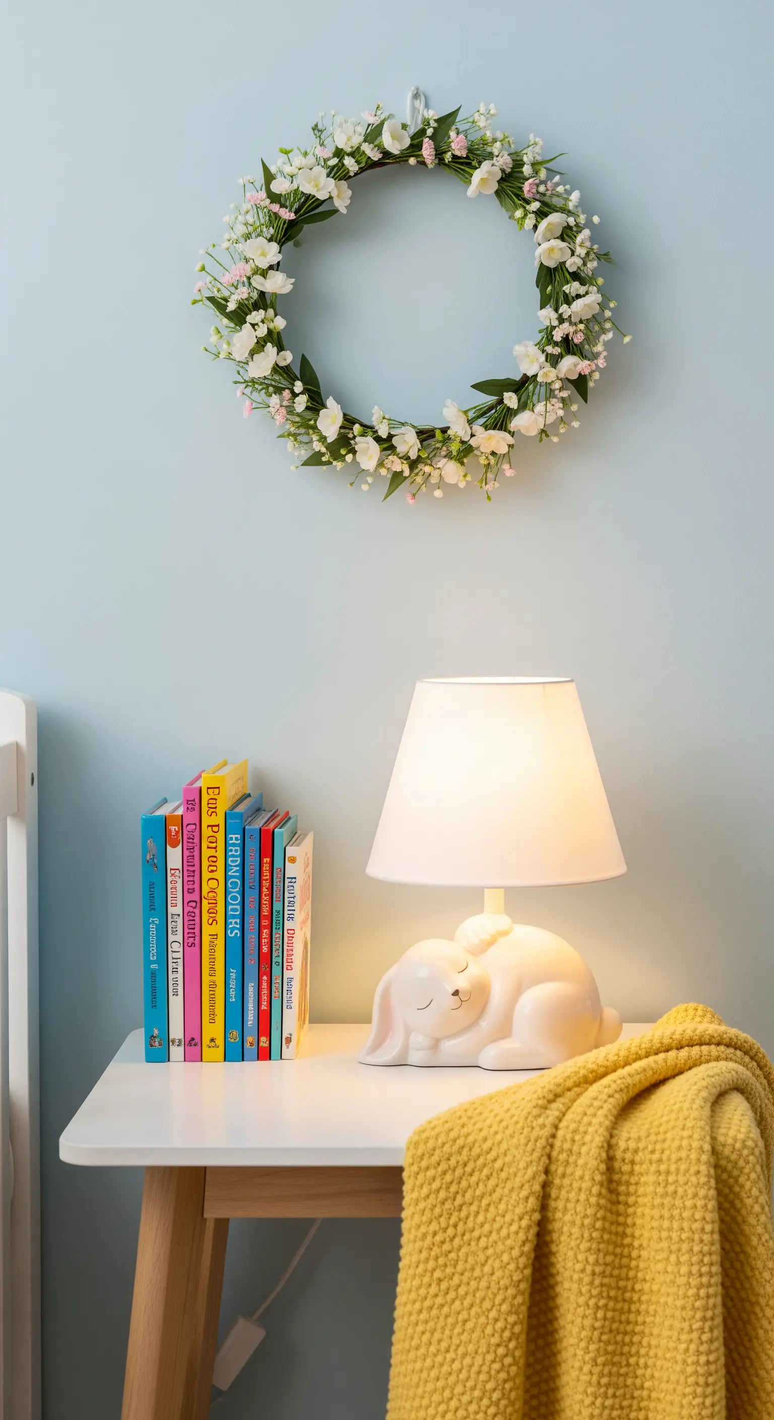 Kinder-Nachttisch mit Hasenlampe, bunten Büchern, gelber Decke und Wandkranz.