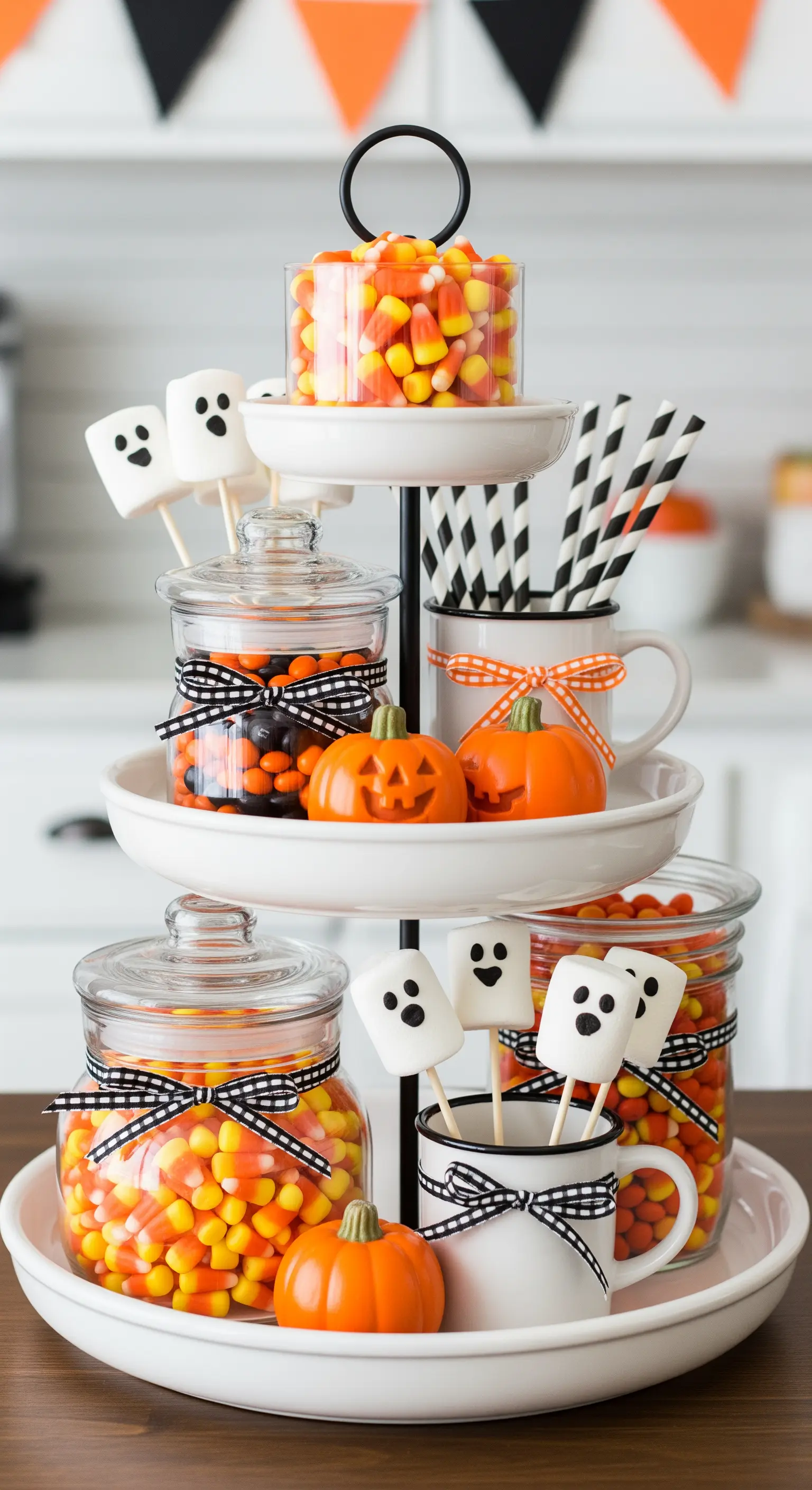 Halloween-Etagere als Candy Bar mit Marshmallow-Geistern und Süßigkeiten.