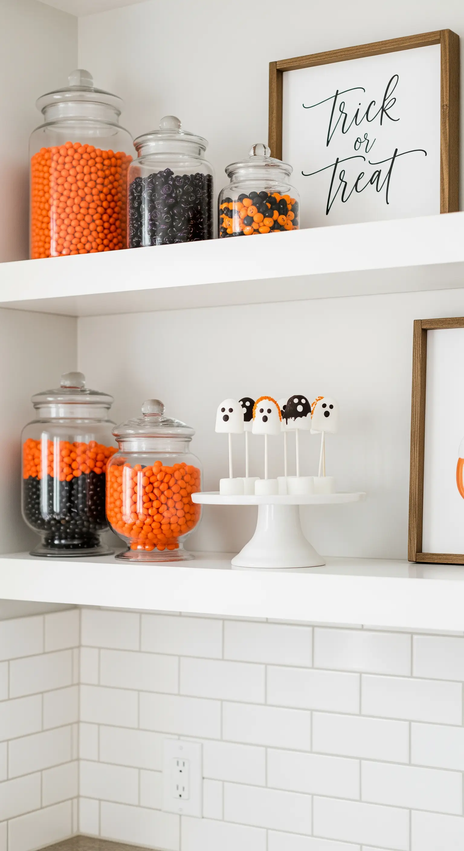 Halloween-Deko für die Küche mit Süßigkeiten in Apothekergläsern.