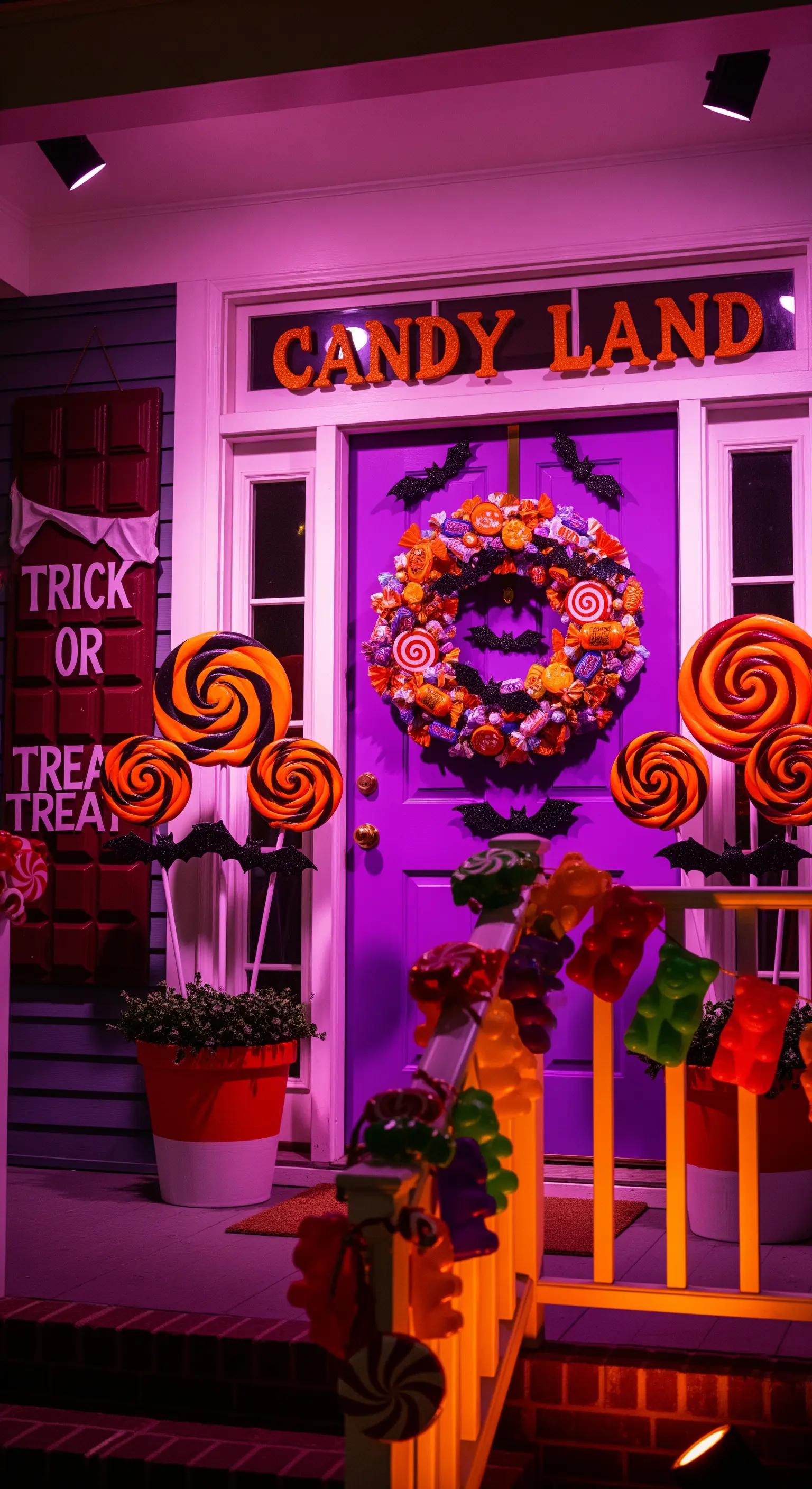 Lila Haustür mit buntem Süßigkeitenkranz und übergroßen Lollis unter einem 'Candy Land'-Schild.