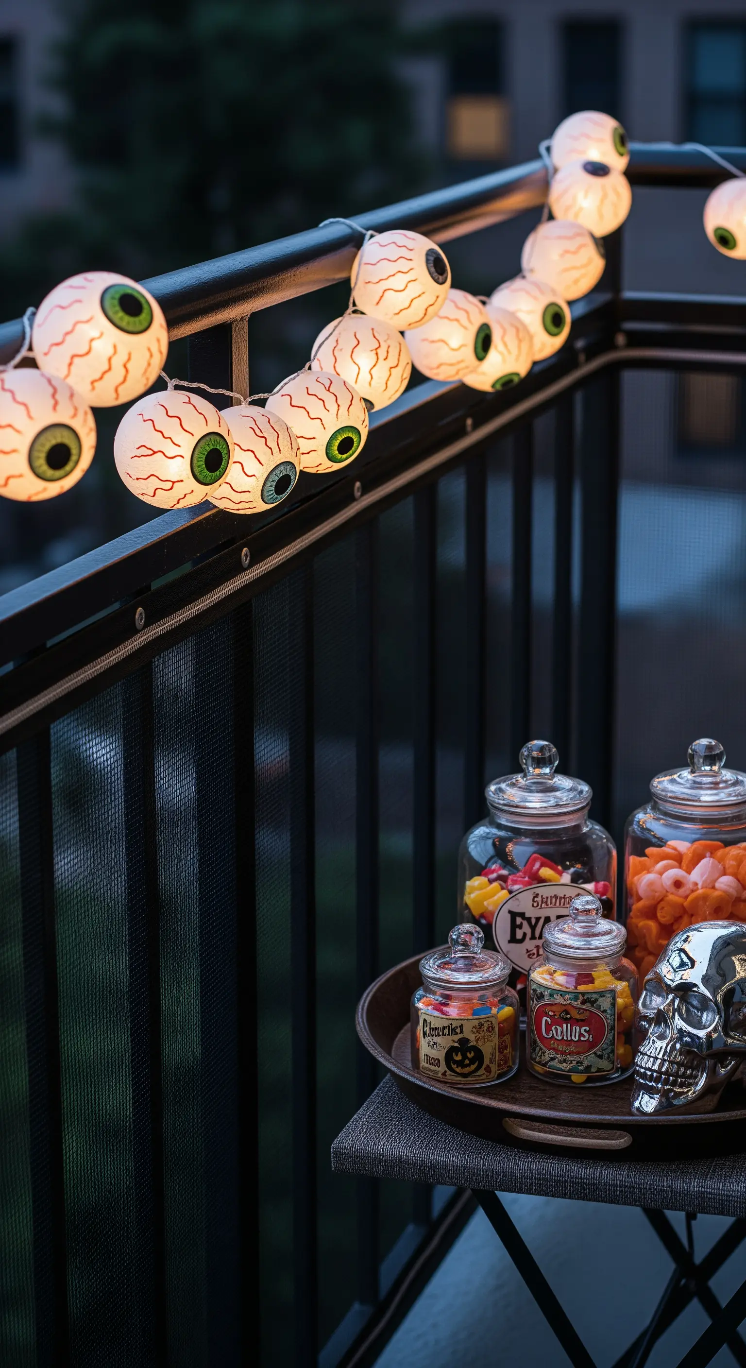 Tablett mit Halloween-Süßigkeiten und einem silbernen Schädel, ergänzt durch eine Augen-Lichterkette am Geländer.
