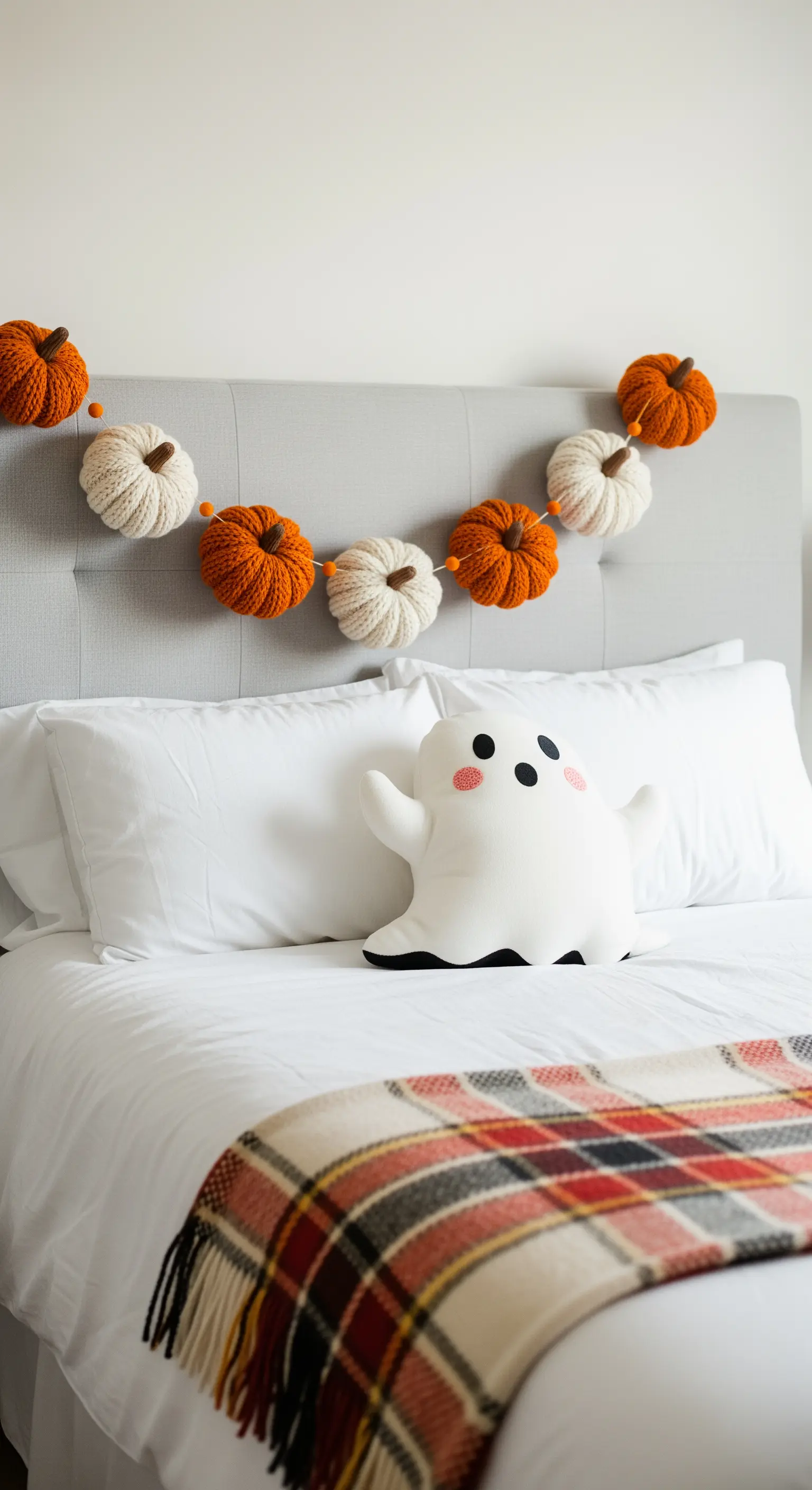 Ein gemachtes Bett mit einer gestrickten Kürbis-Girlande am Kopfteil und einem kleinen Geist-Kissen.