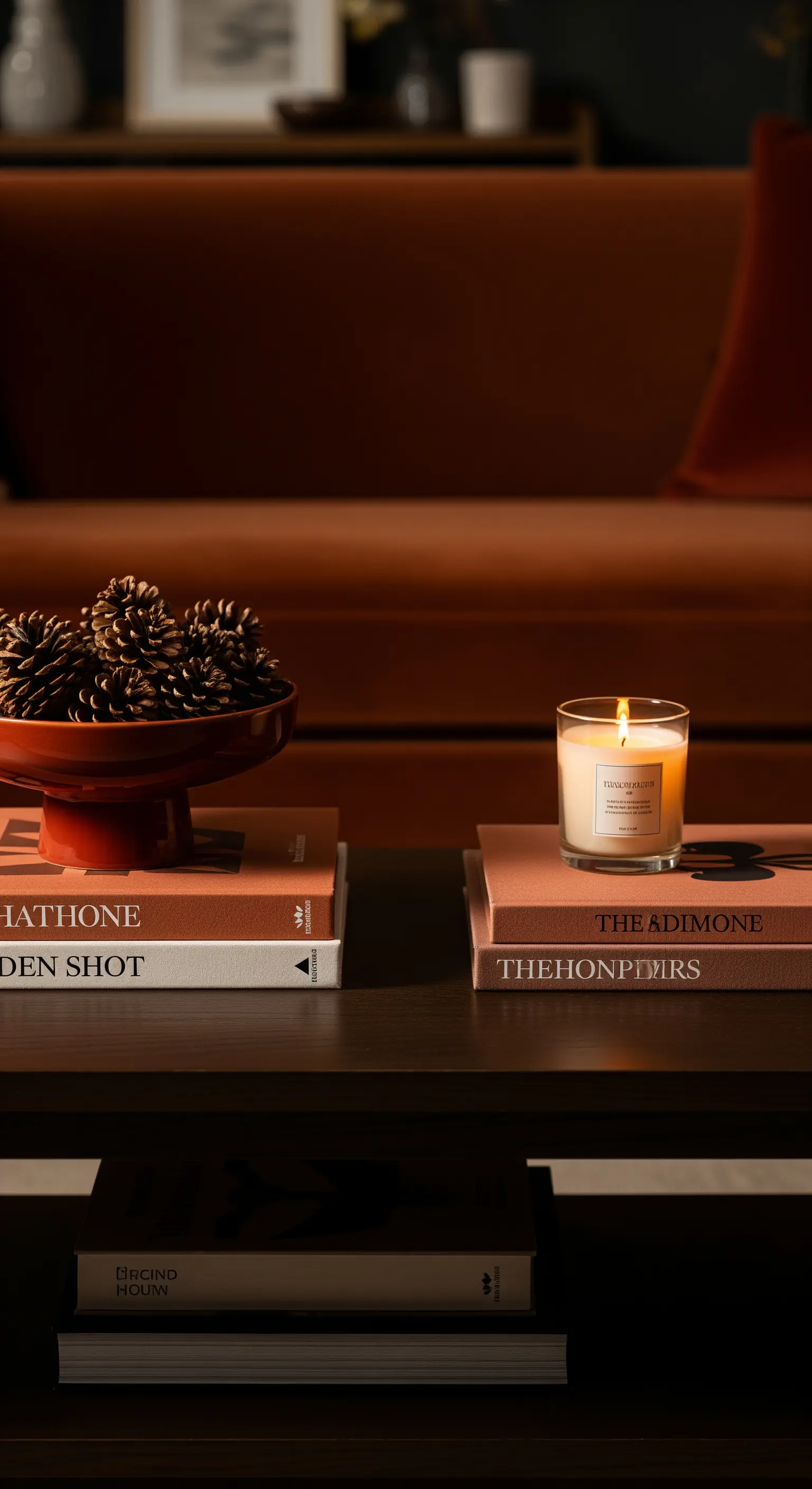 Nahaufnahme von Couchtisch mit Büchern, Kerze und Kiefernzapfen