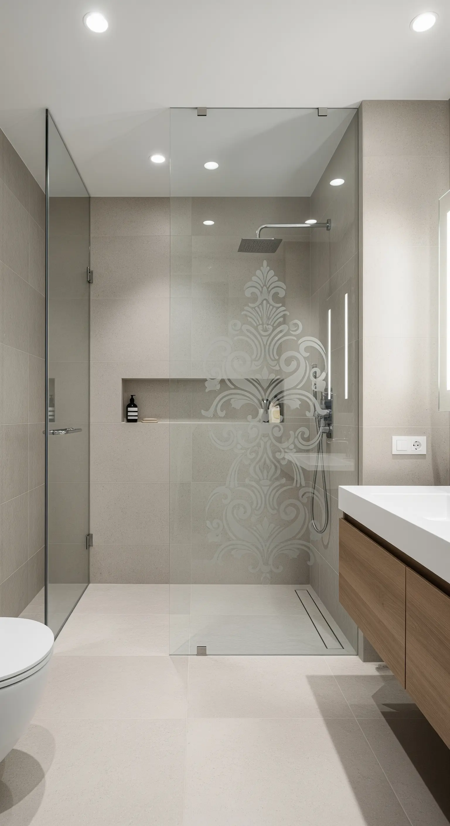 Moderne Glasdusche mit einem eleganten, sandgestrahlten Ornament als dekoratives Detail