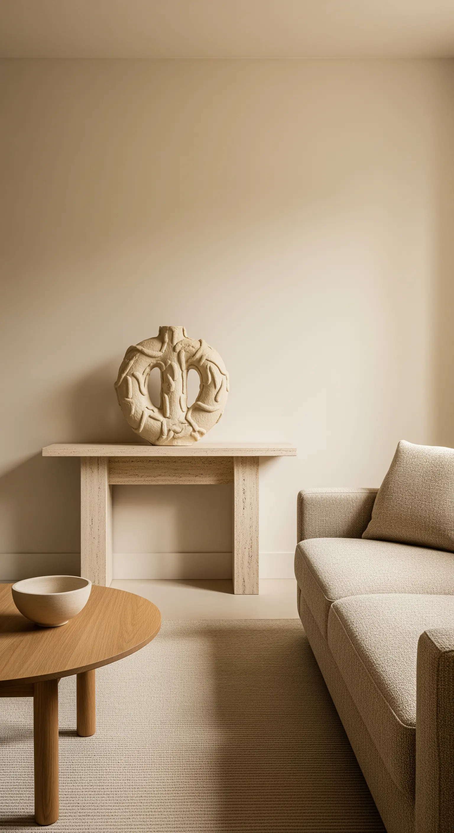 Skulpturales Keramikobjekt auf einer Steinkonsole in einem monochromen, beigefarbenen Raum.